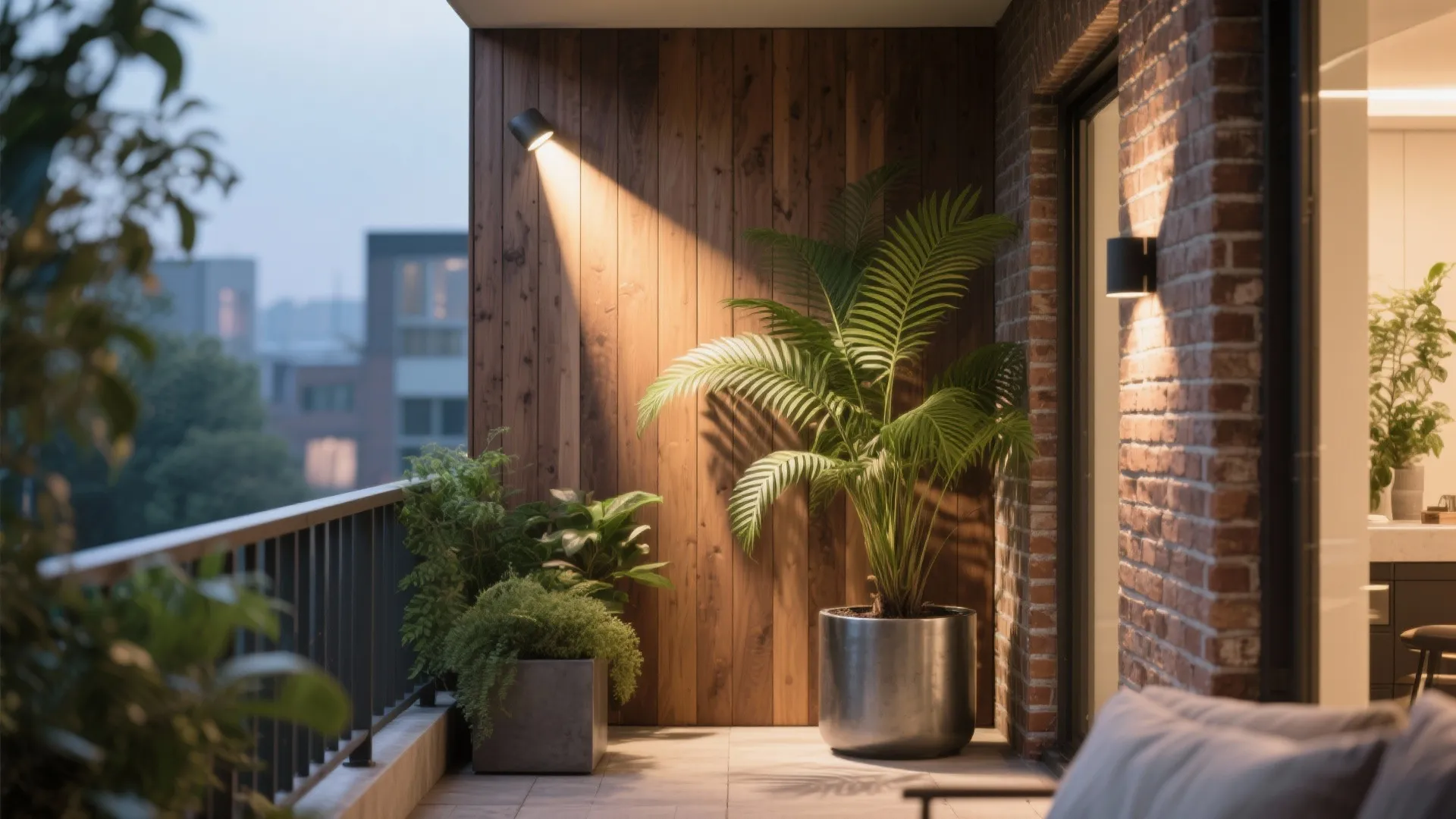 Cozy balcony corner featuring a tall green plant in a pot with a warm wall light