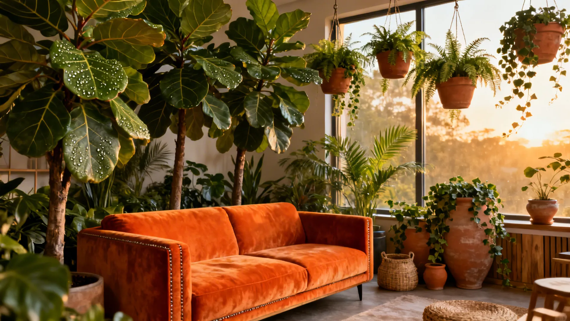 Orange sofa softened by a tall fiddle-leaf fig and hanging ferns in terracotta pots.
