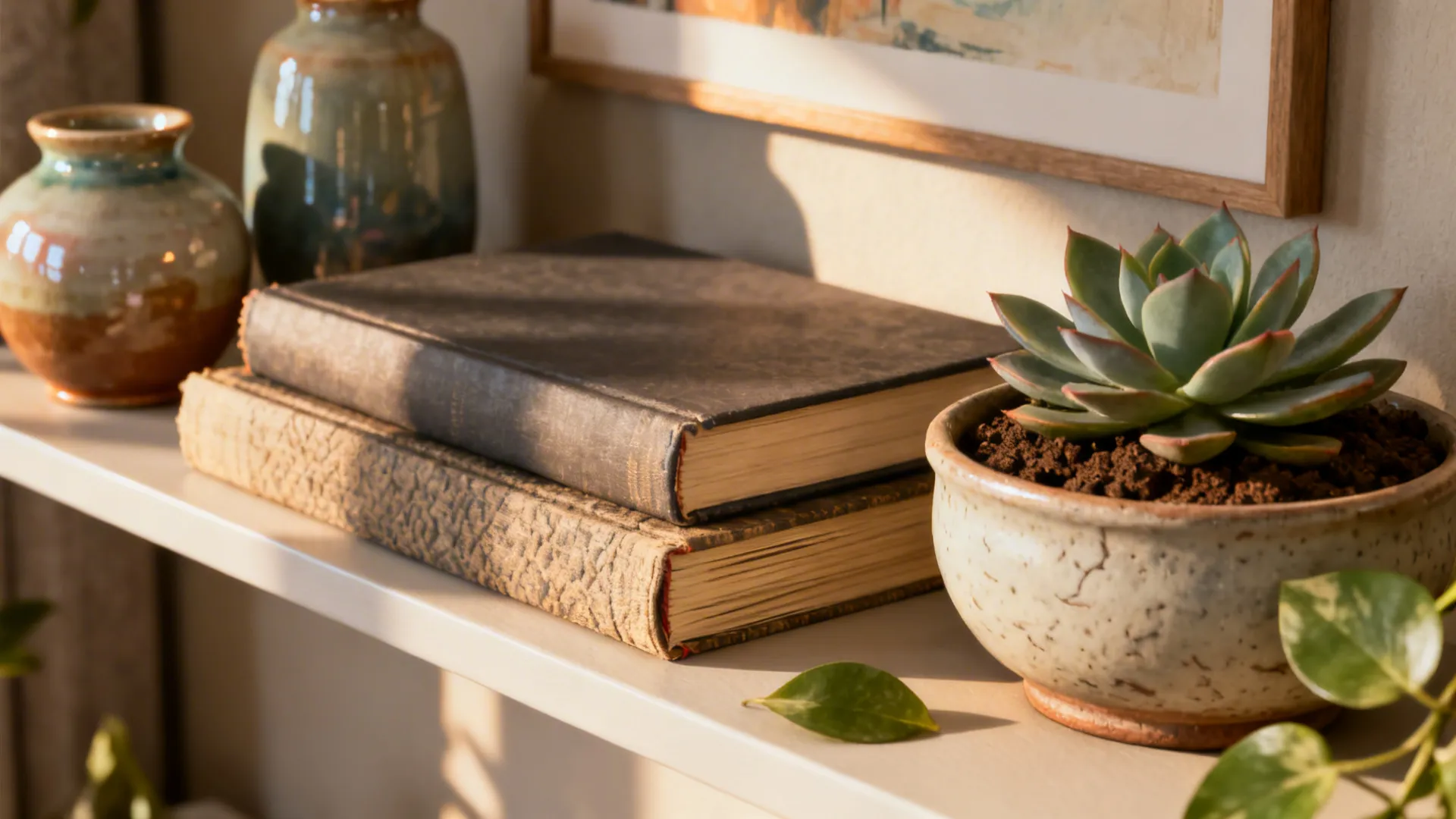 Curated shelf with ceramics, books and a succulent in a modern living room.