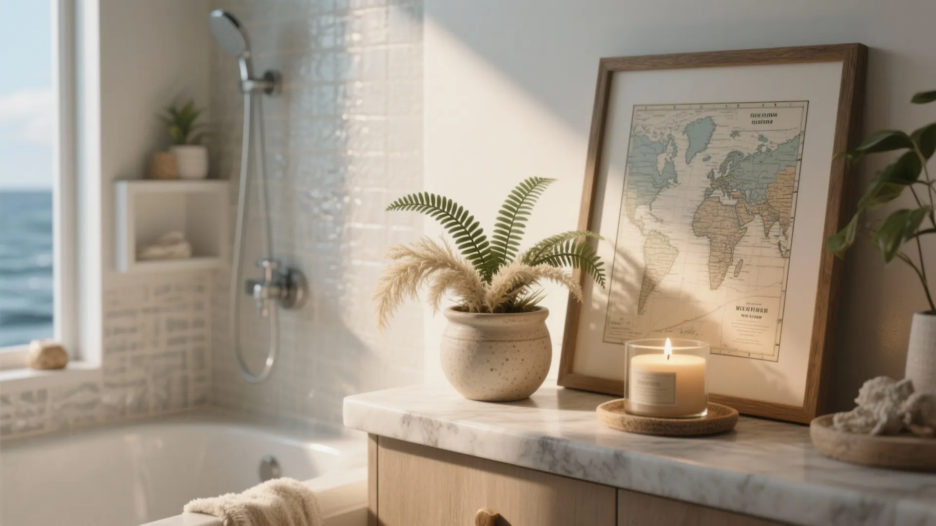 Bathroom counter with small potted plant scented candle framed map and bathtub in the background