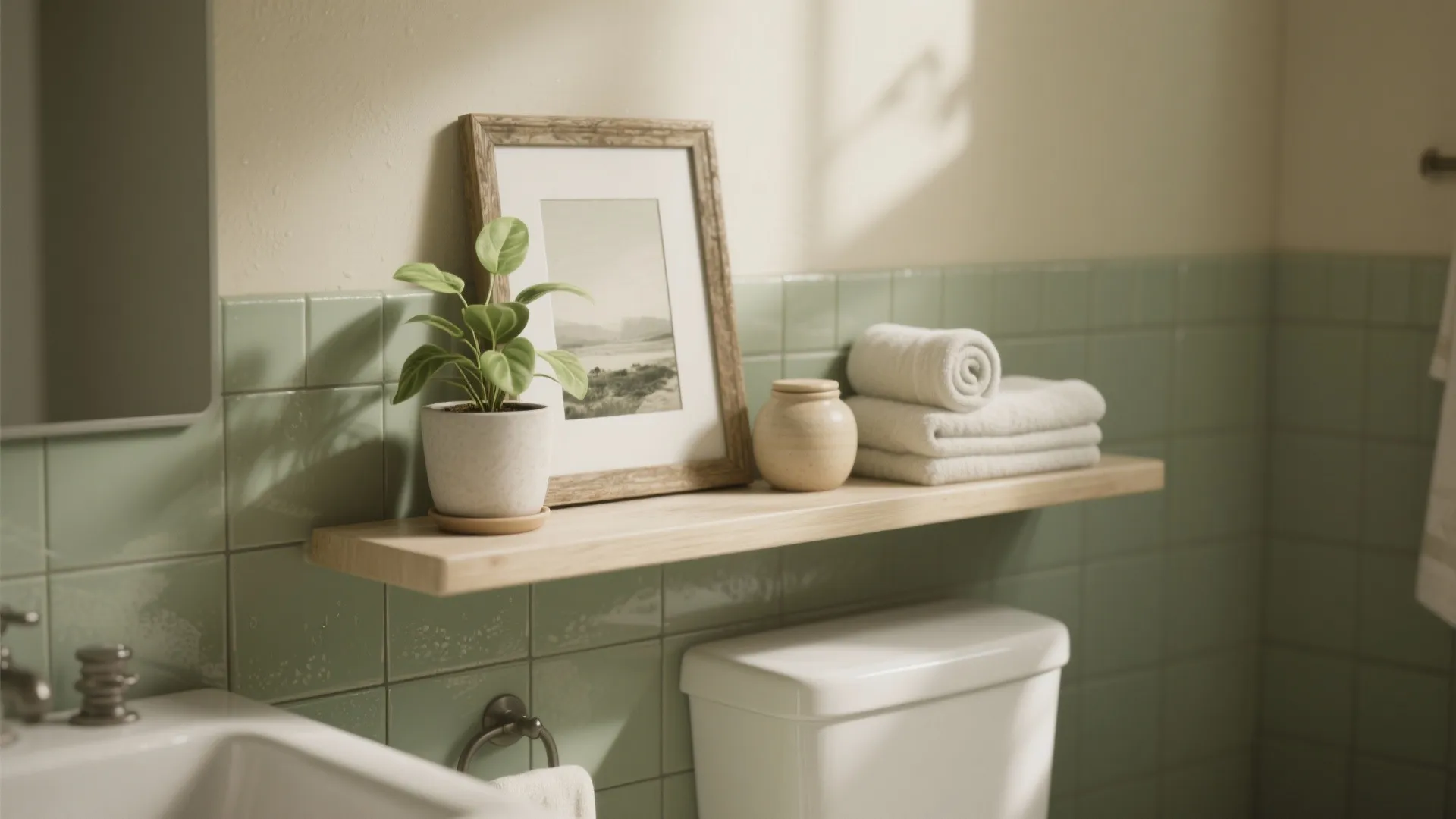Bathroom shelf vignette with a small potted plant, framed art and neatly folded towels for personality.