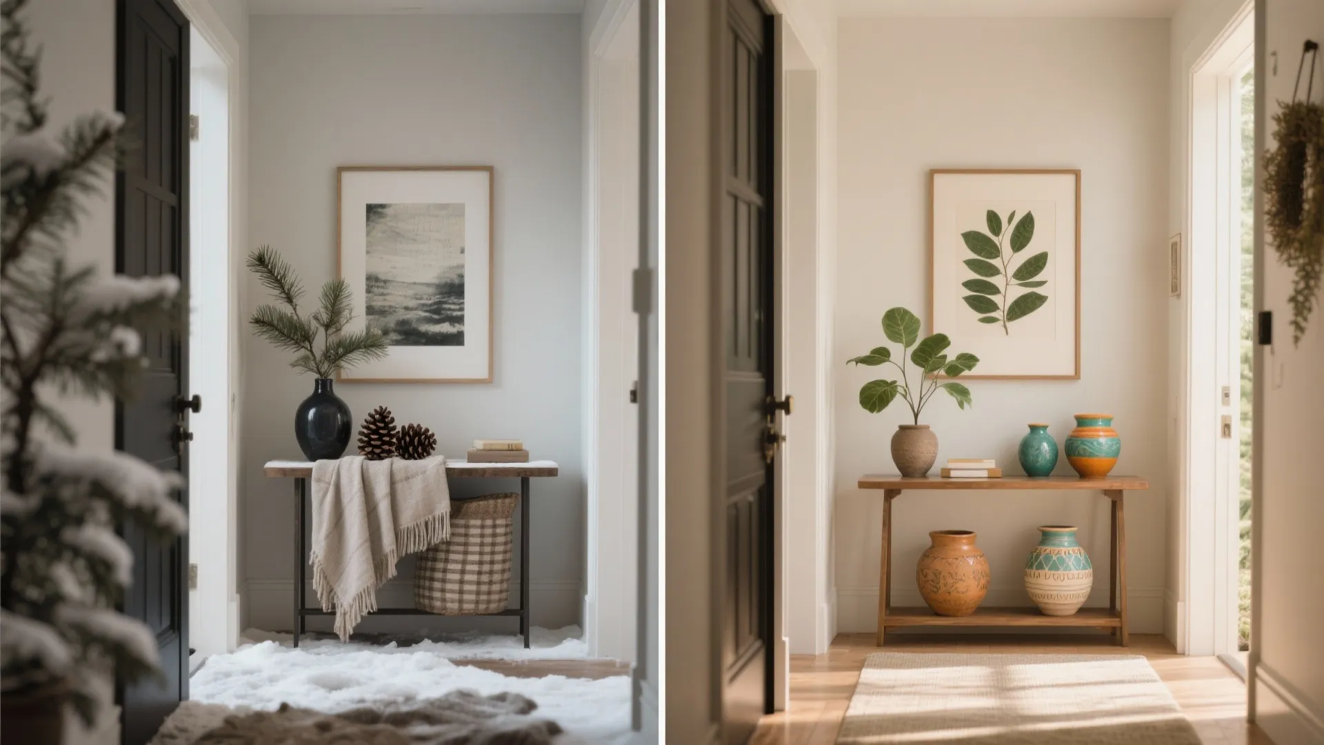 Before and after comparison of entryway decor with winter snow versus green plants and art