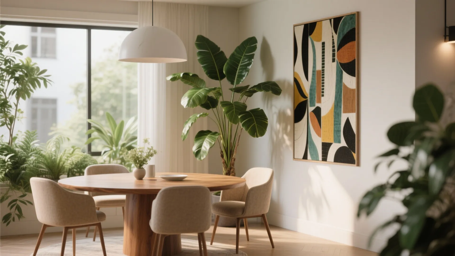Modern dining room with round wooden table beige chairs large green plant and colorful wall art