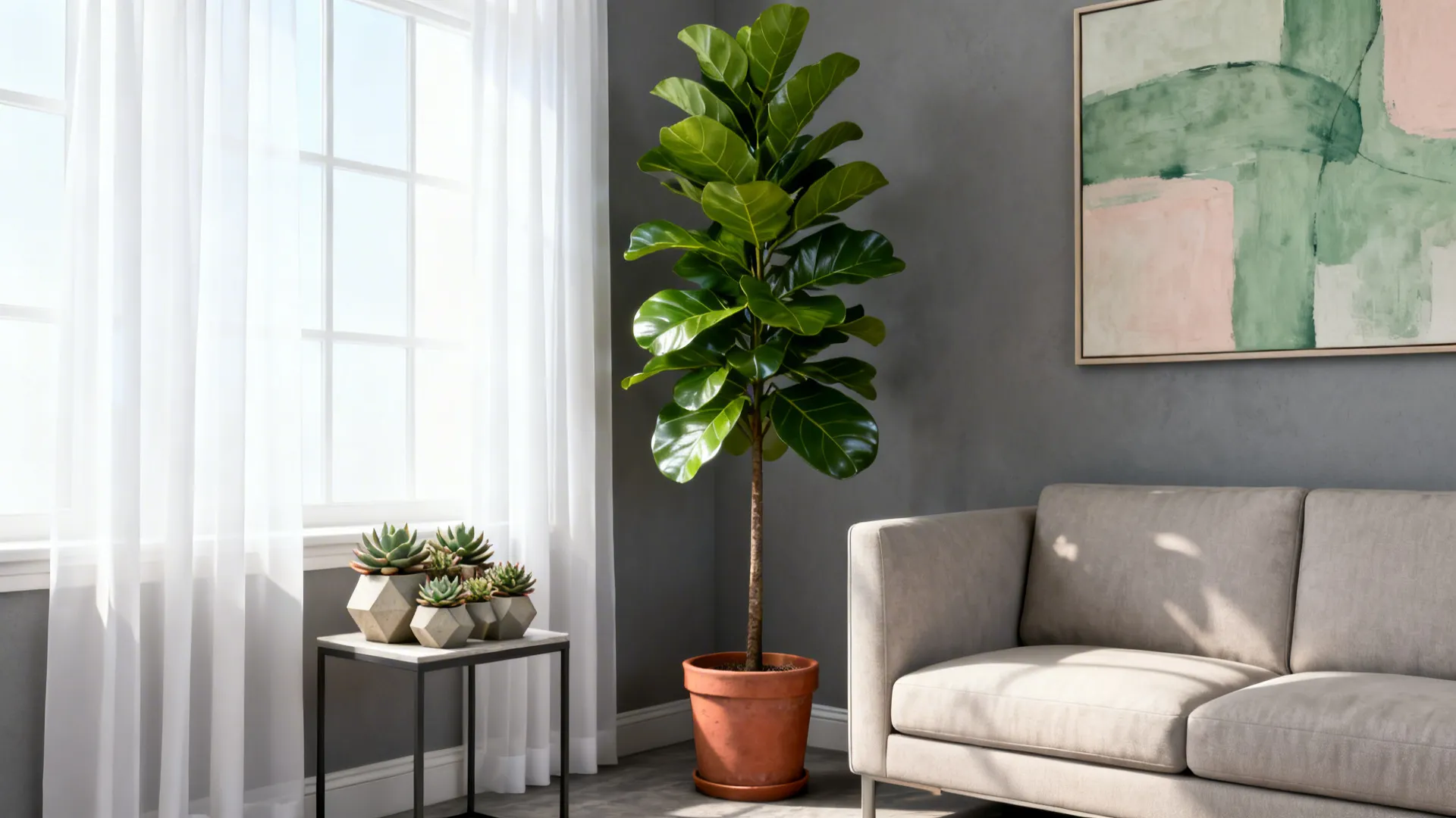 Modern living room with grey sofa tall green plant small succulents window and abstract wall art