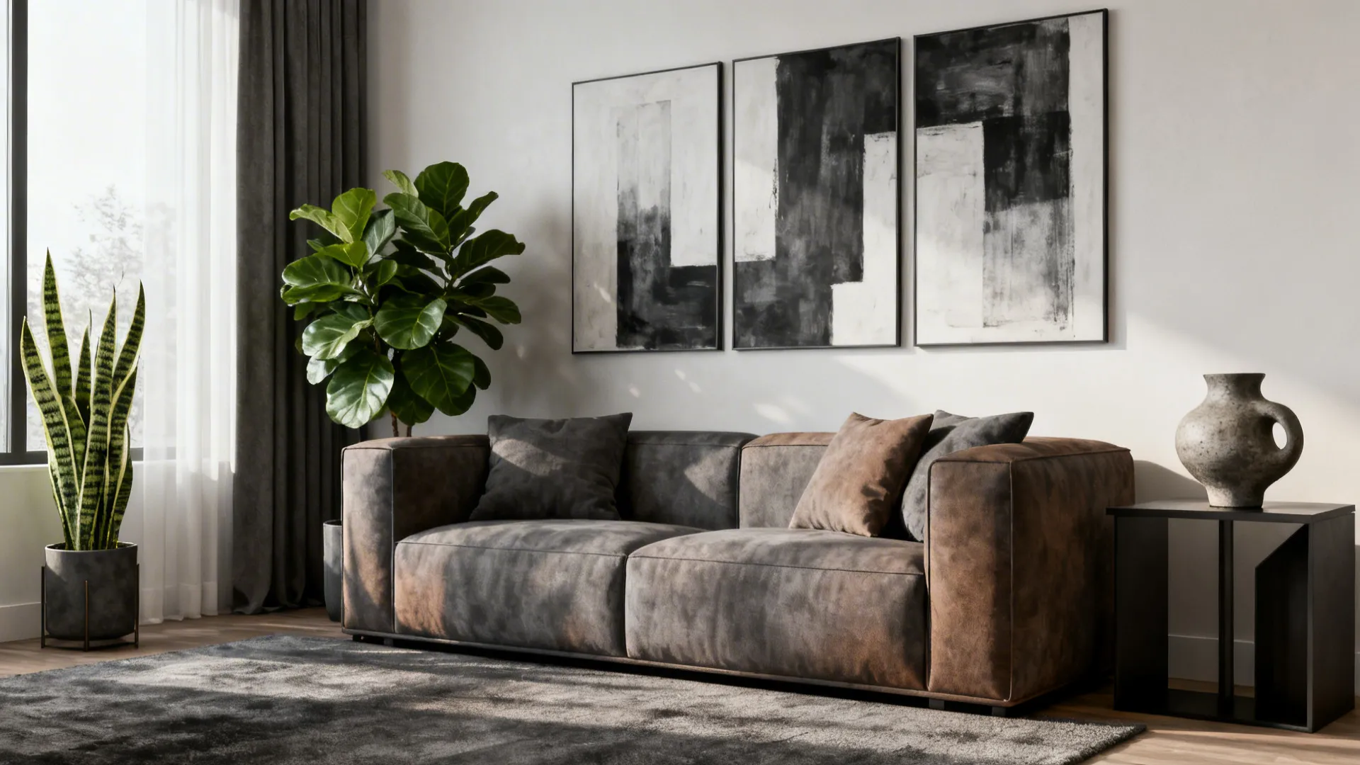 Living room with fiddle leaf fig, snake plant and monochrome art to add personality