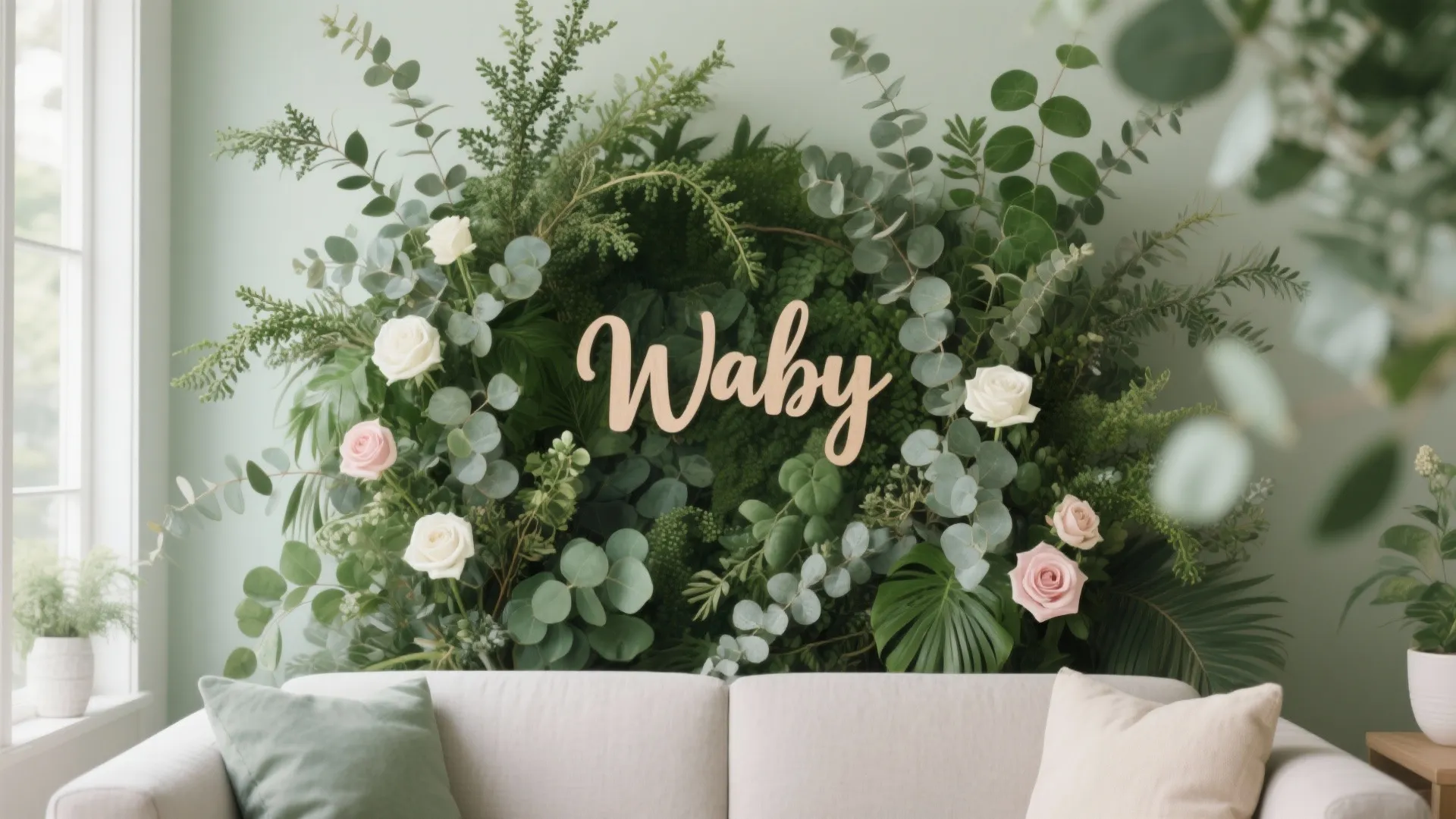 Mixed greens wall with eucalyptus and ruskus, accented roses, and a simple baby name plaque behind seating.