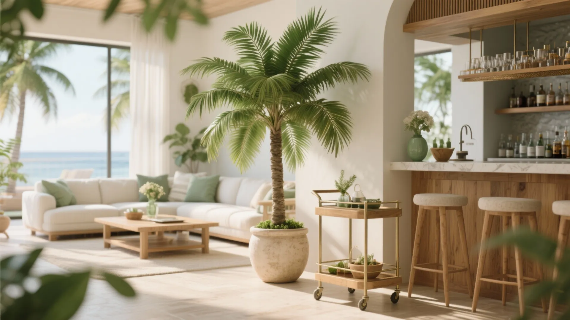 Living room bar with potted palm beside bar cart