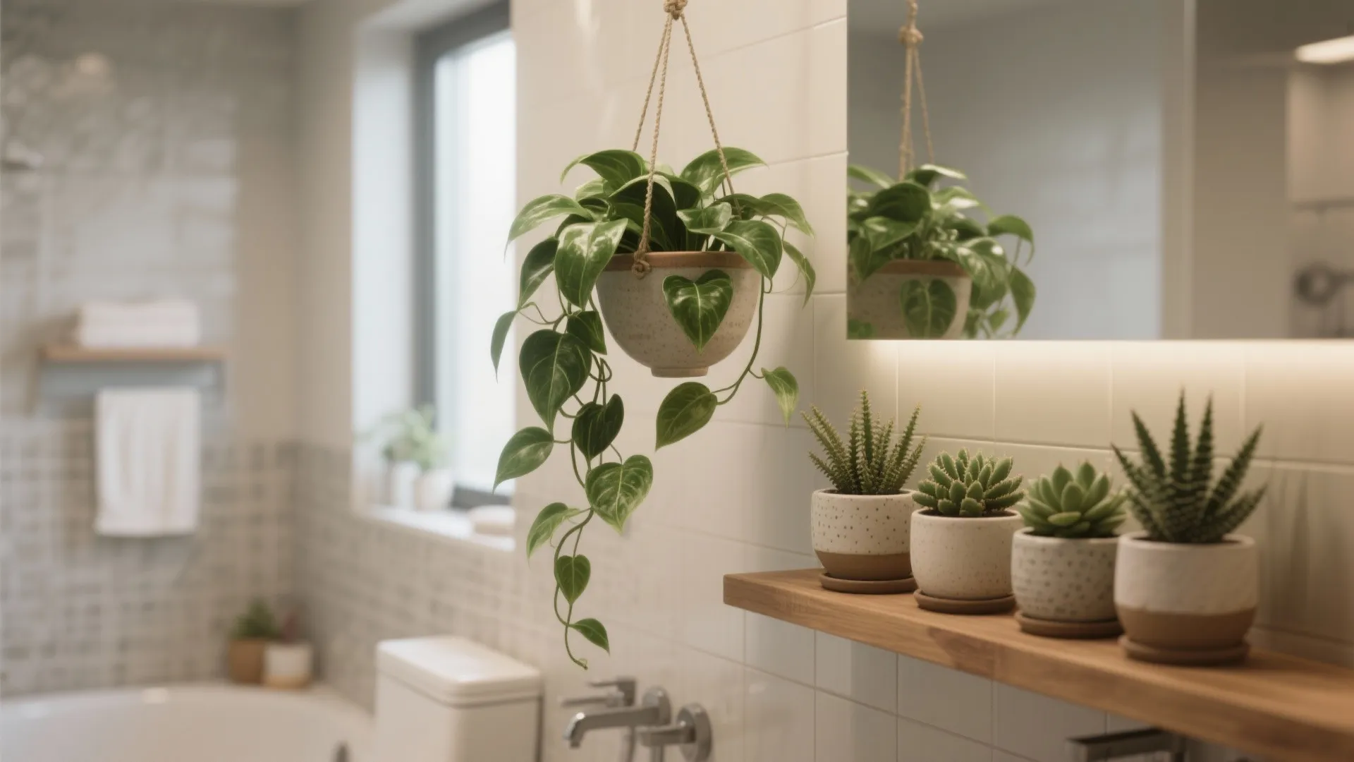 Bright bathroom with hanging plant white tiles wooden shelf small succulents and mirror reflecting green leaves
