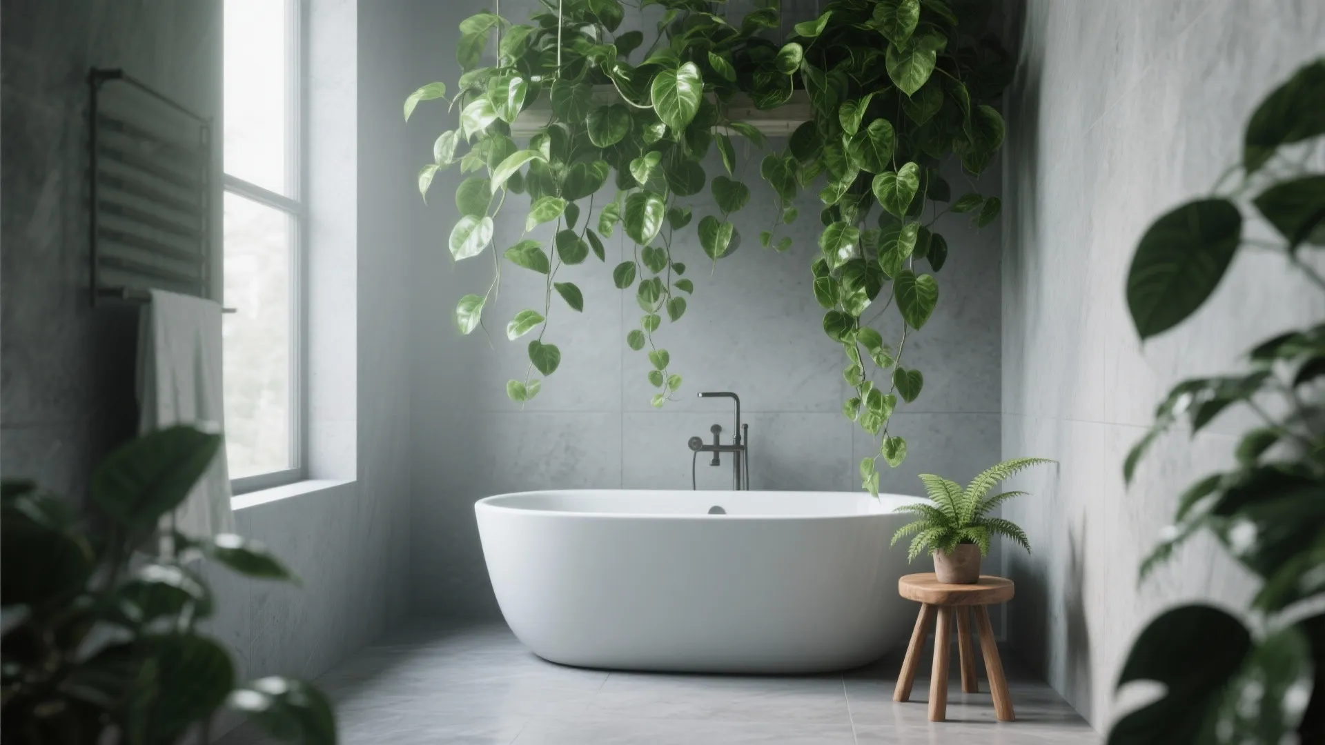 Freestanding tub with hanging pothos and teak stool adding green accents to a grey bathroom.