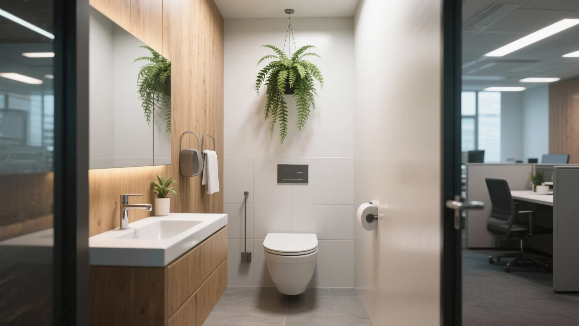 Minimalist office bathroom with wooden vanity hanging green plant white toilet and grey floor tiles