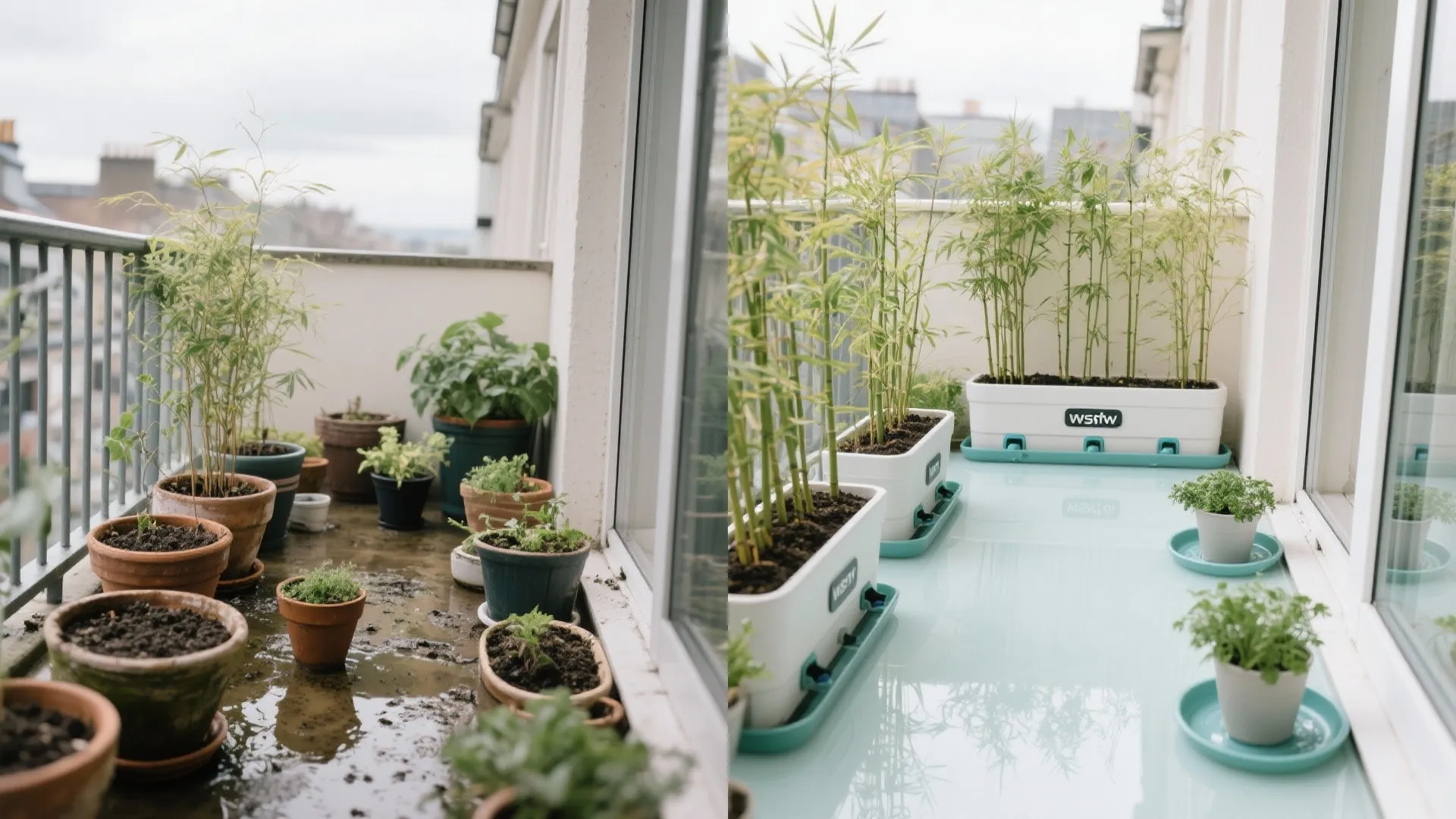 Before–after of balcony planting from cluttered pots to cohesive self-watering planters.