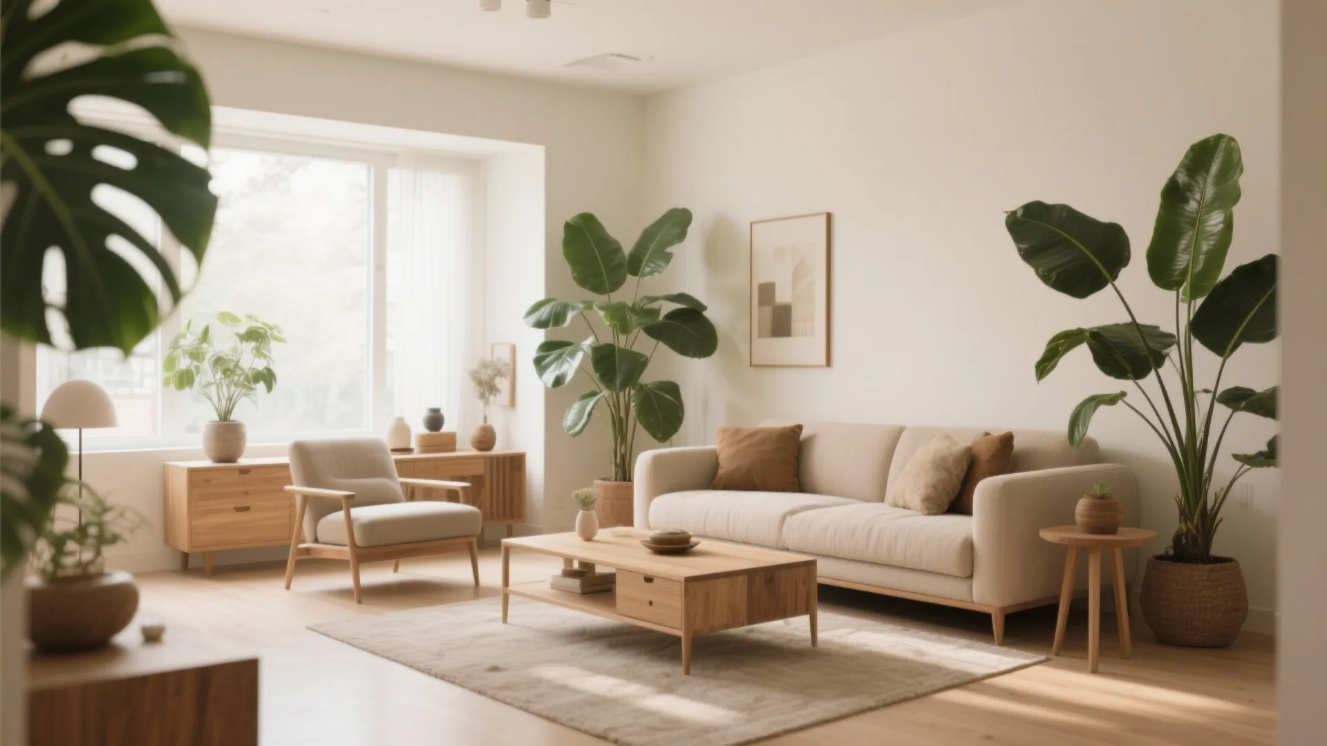 Beige living room with vibrant green plants