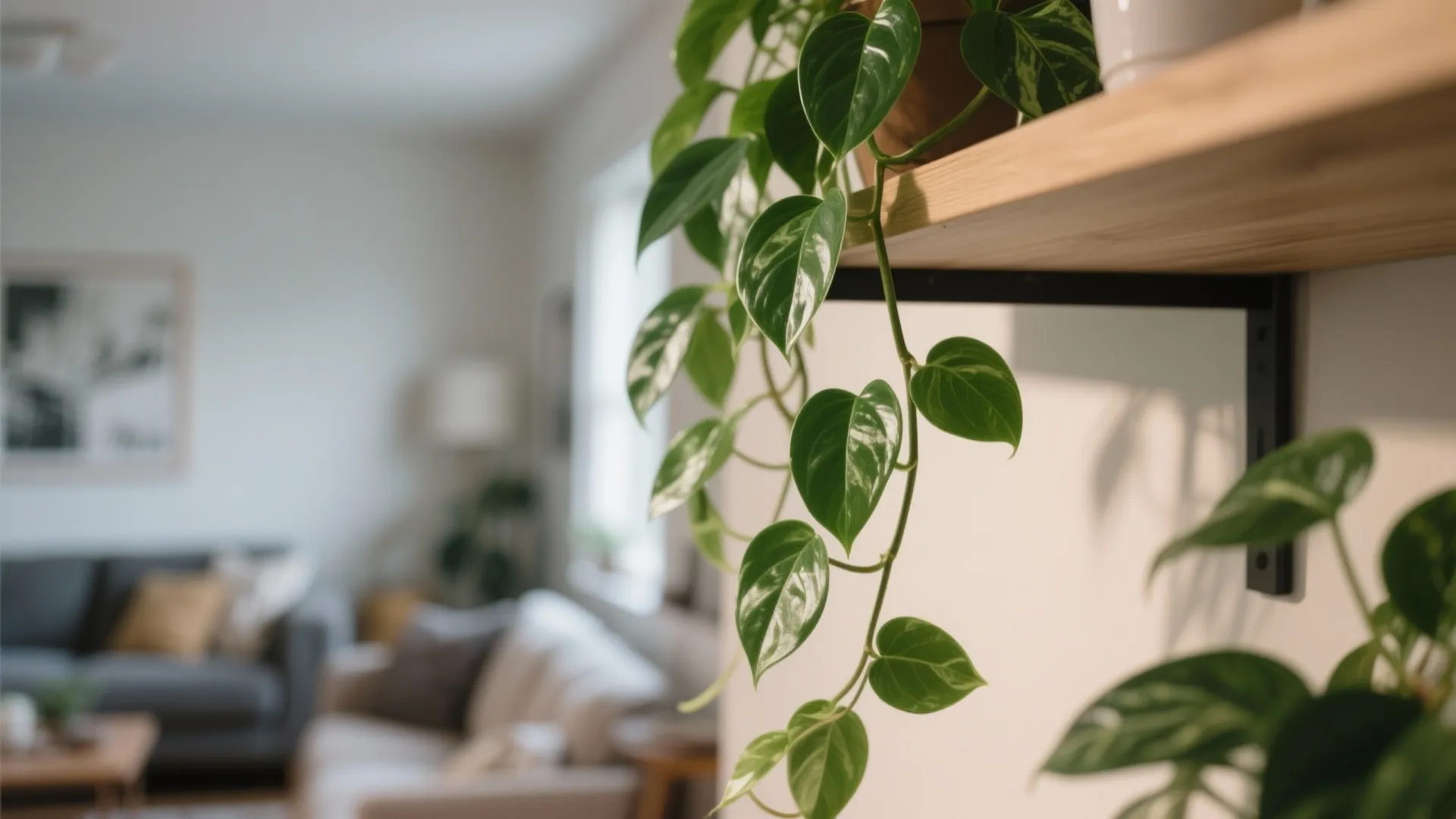Close up of green climbing plant on wooden shelf with blurred living room in background