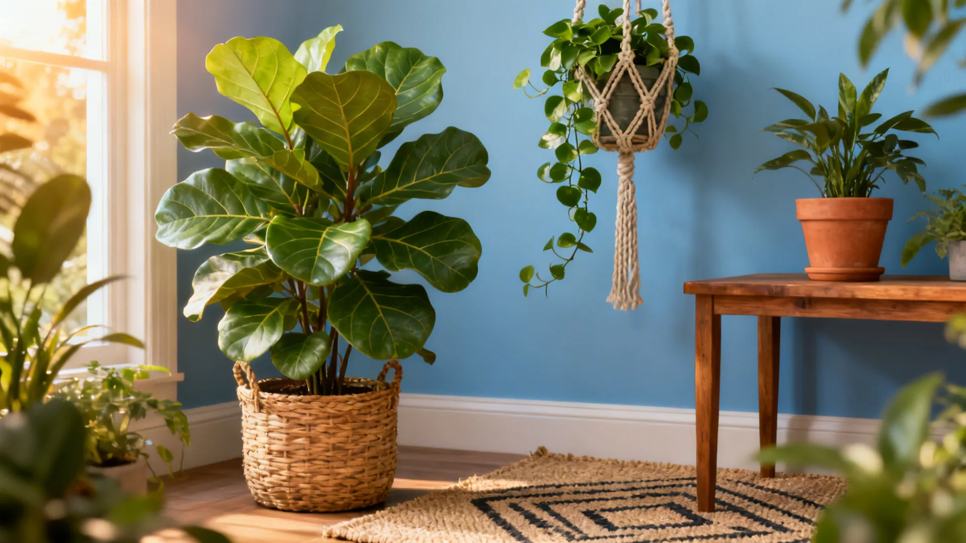 Blue-walled corner with fiddle-leaf fig and hanging plants brightening the room