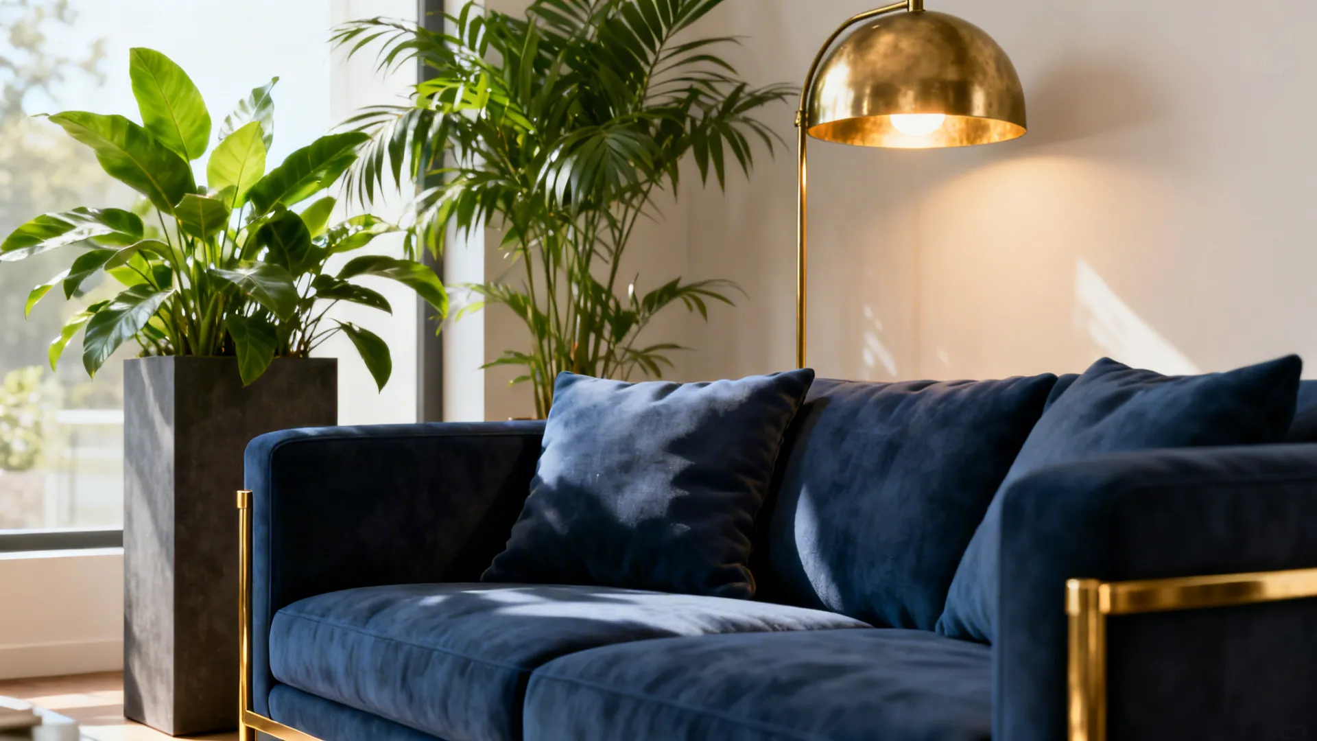 Navy sofa styled with tall green plants and brass lighting for a fresh, luxe look