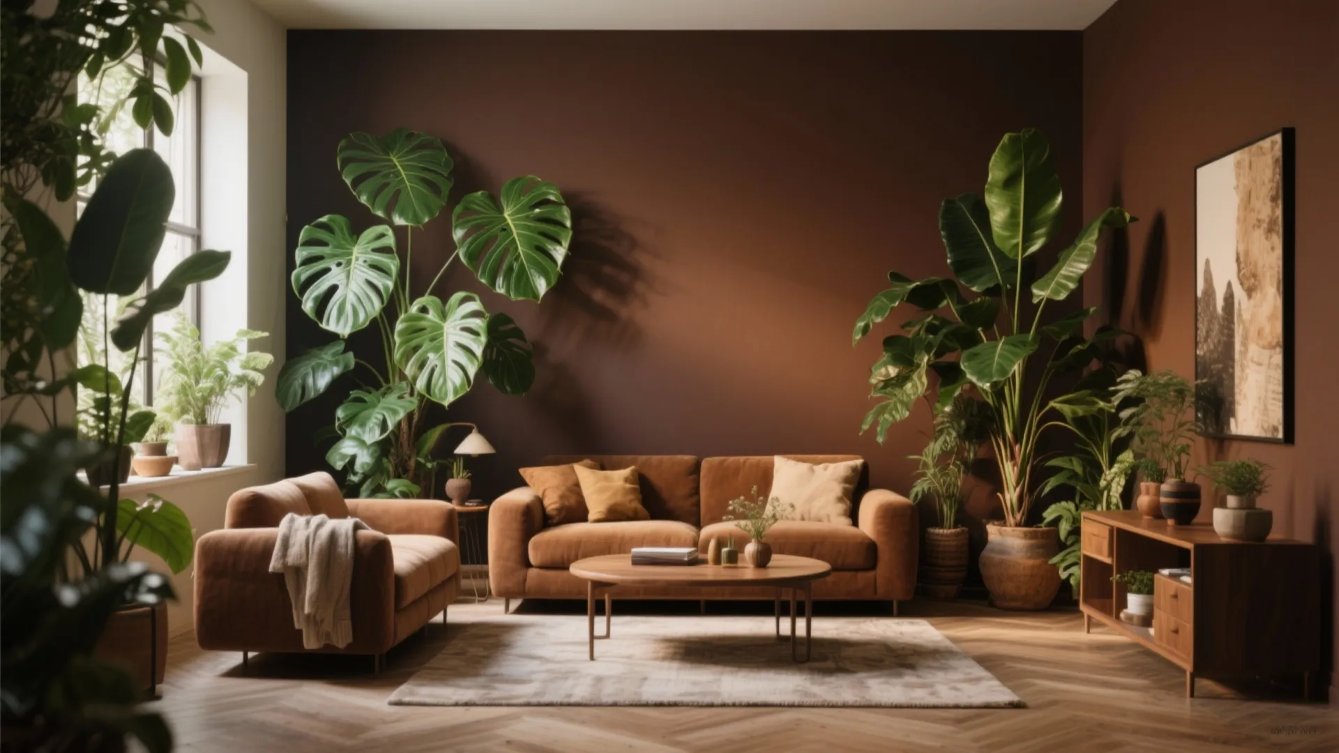 7. Greenery Against Brown Walls