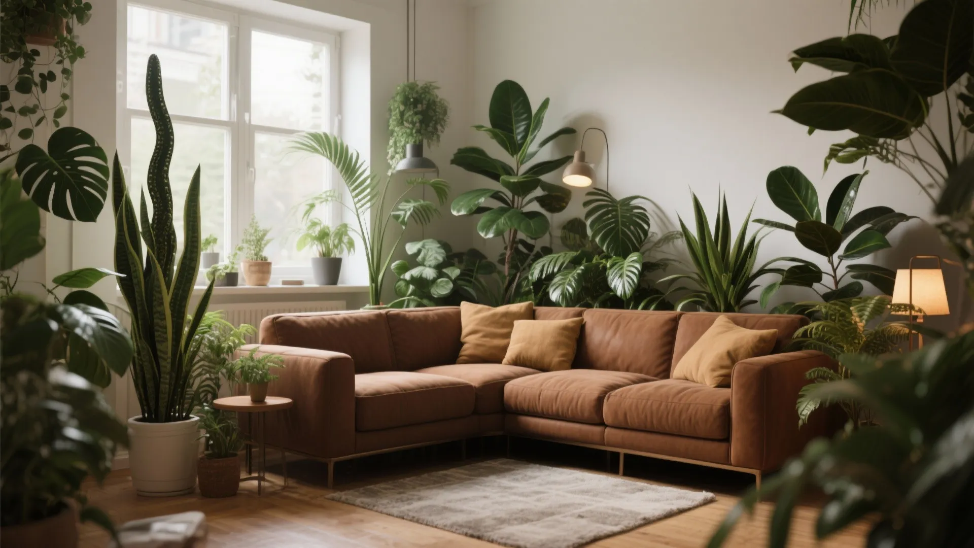 Brown sectional sofa in a corner filled with lush indoor plants