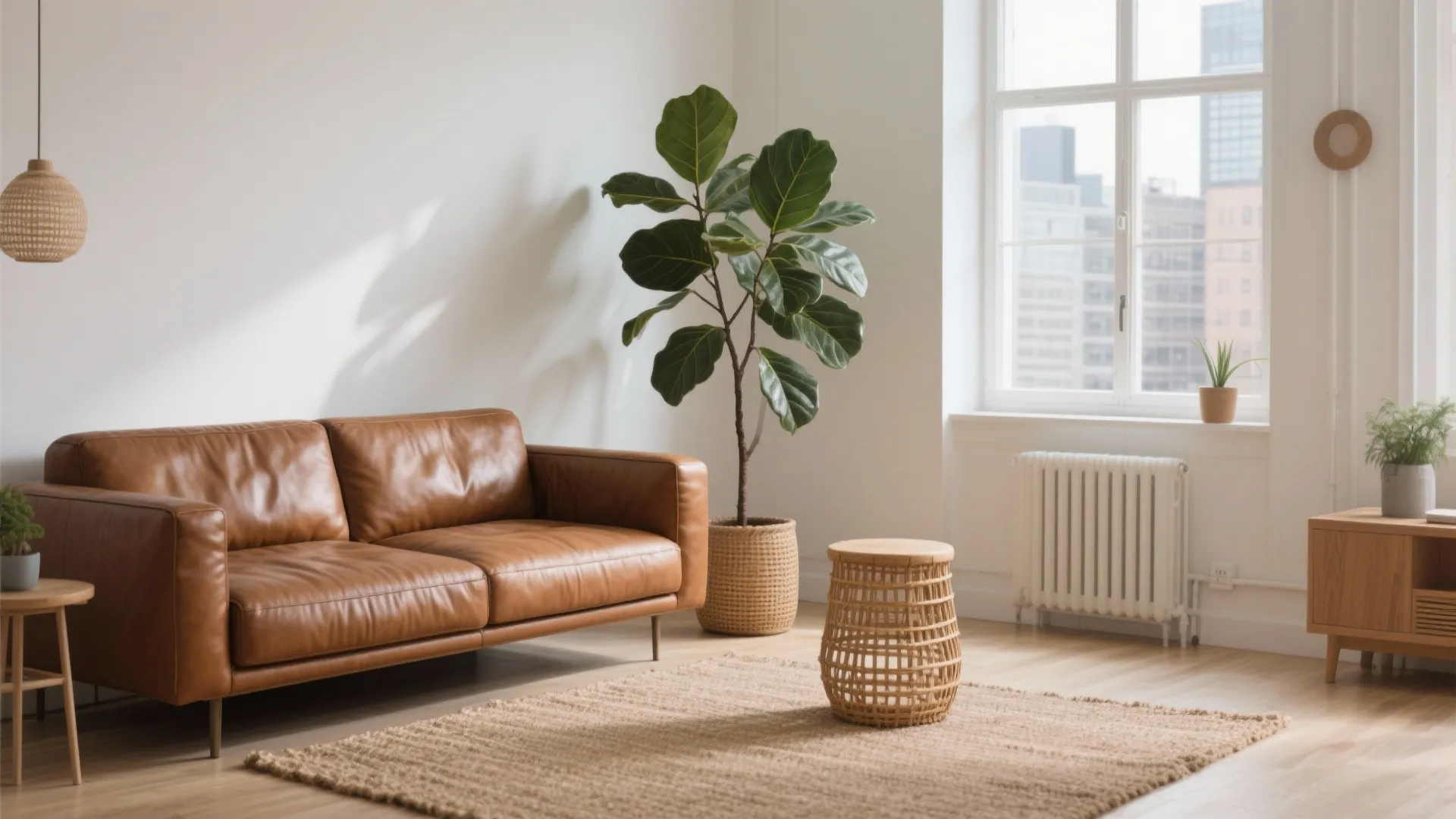 Brown sofa with indoor plant and natural accents