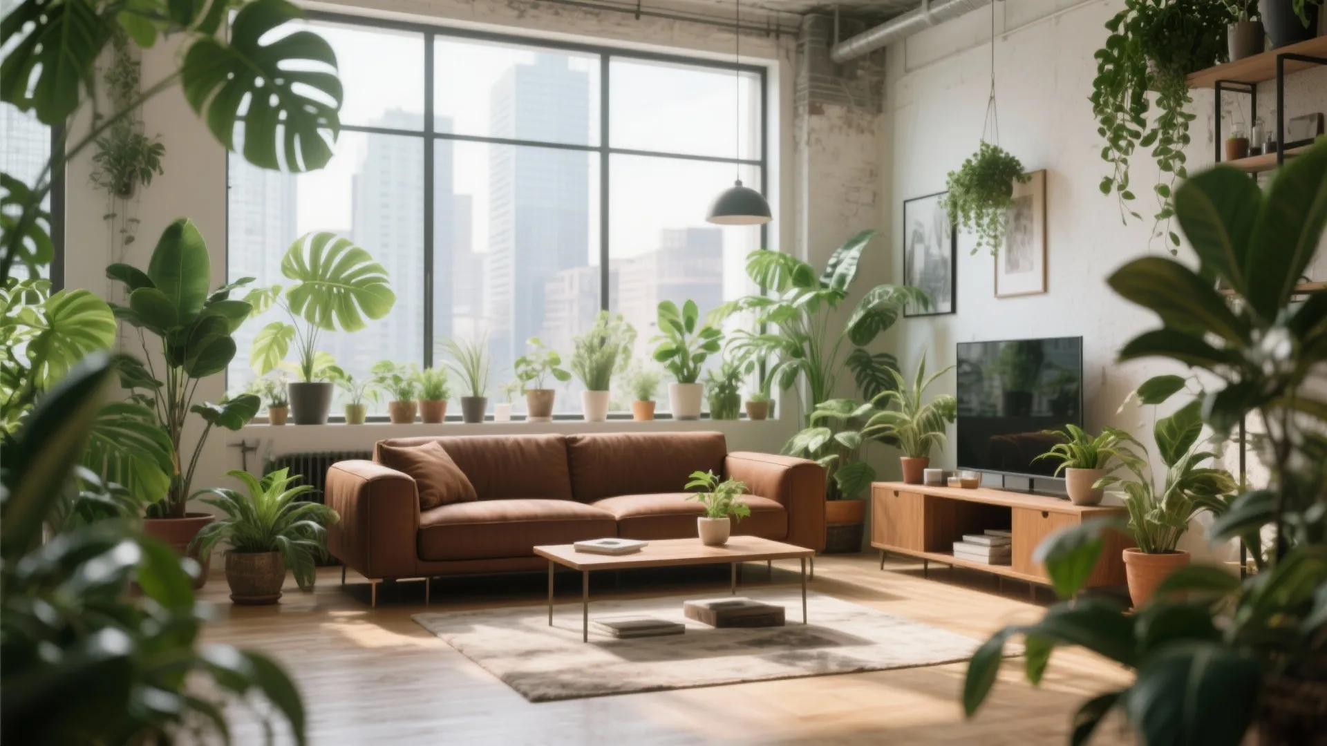 Brown sofa surrounded by indoor plants in a loft