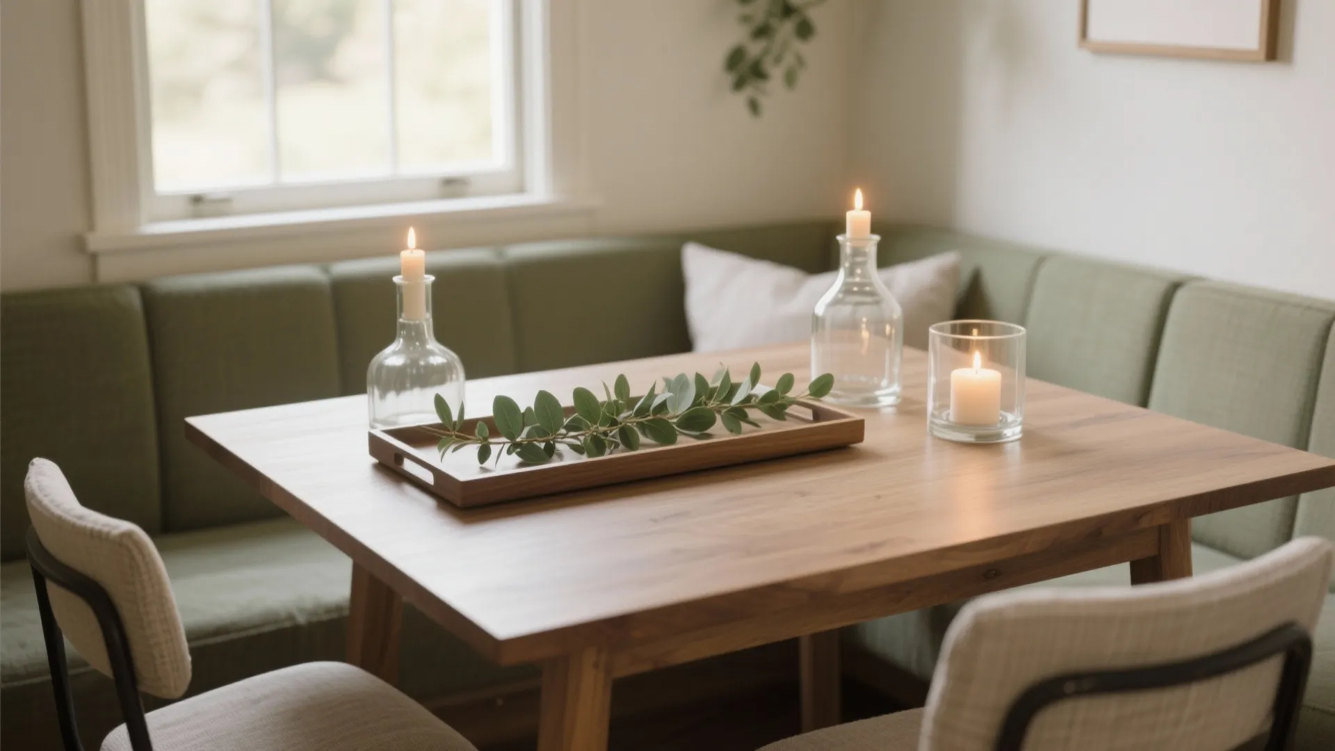 1) Minimal greenery with soft candlelight