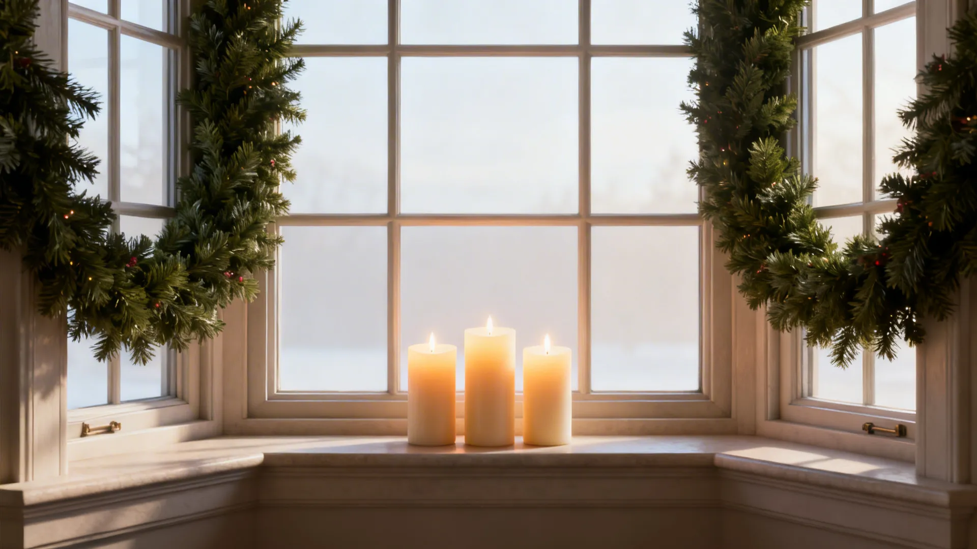 Symmetrical faux evergreen swags framing a bay window with a central trio of battery LED pillar candles.