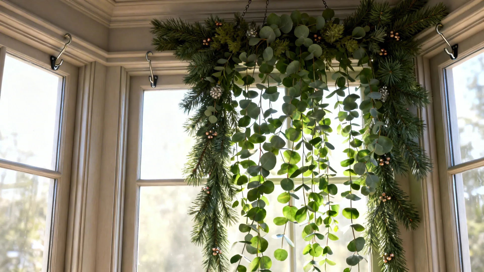 Trailing eucalyptus and faux pine cascading along a bay window frame secured with hooks.