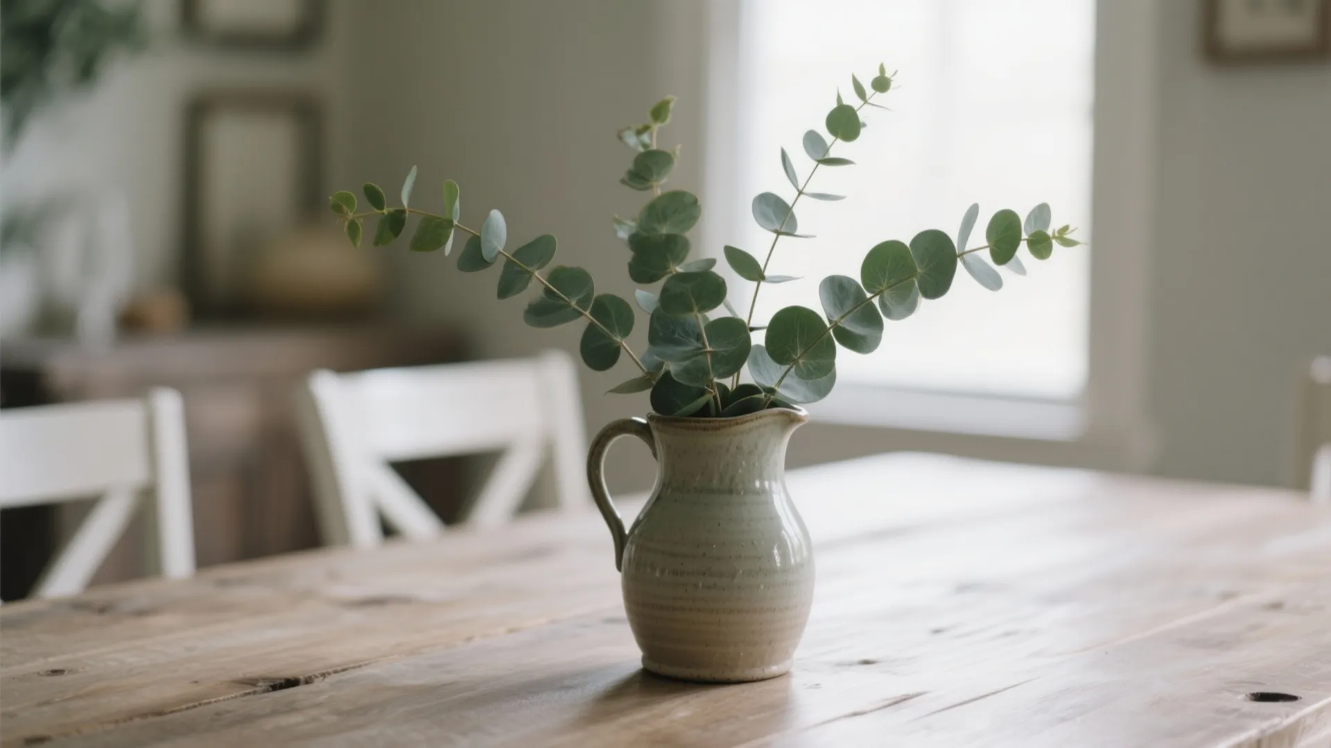 Green leaves in a small ceramic pitcher sitting on a wooden dining table near window