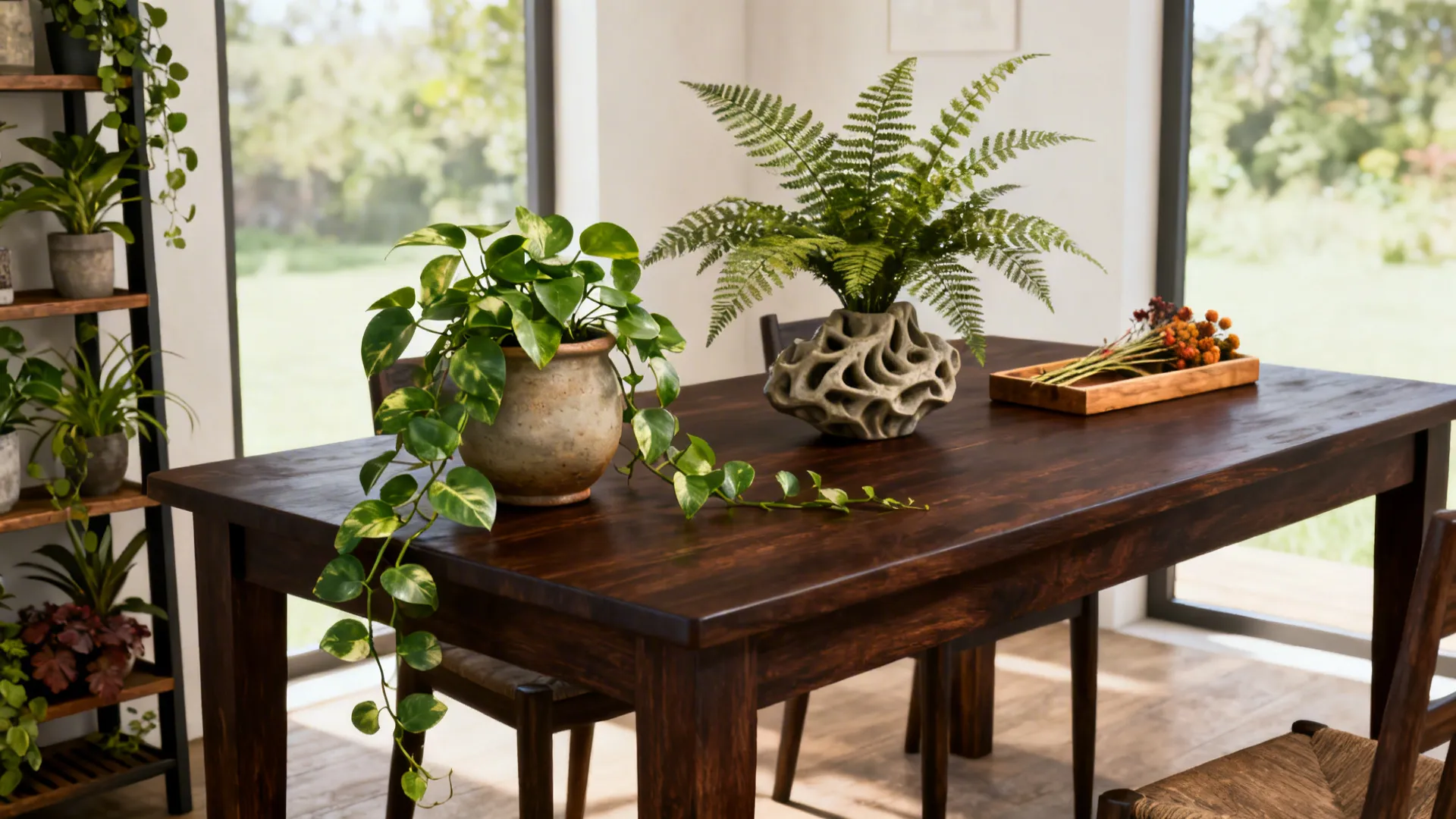 Dark brown dining table with a pothos, sculptural fern, and wooden tray as organic centerpieces.