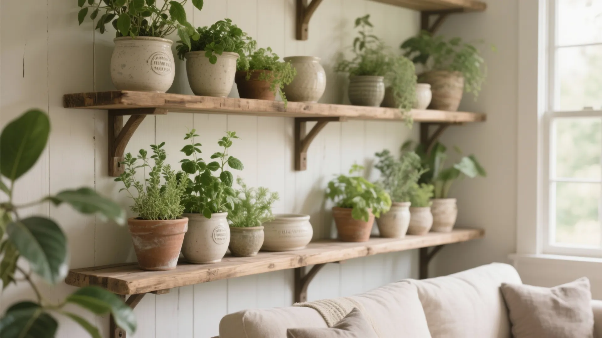 Two wooden wall shelves holding many green plants in ceramic pots above a light sofa