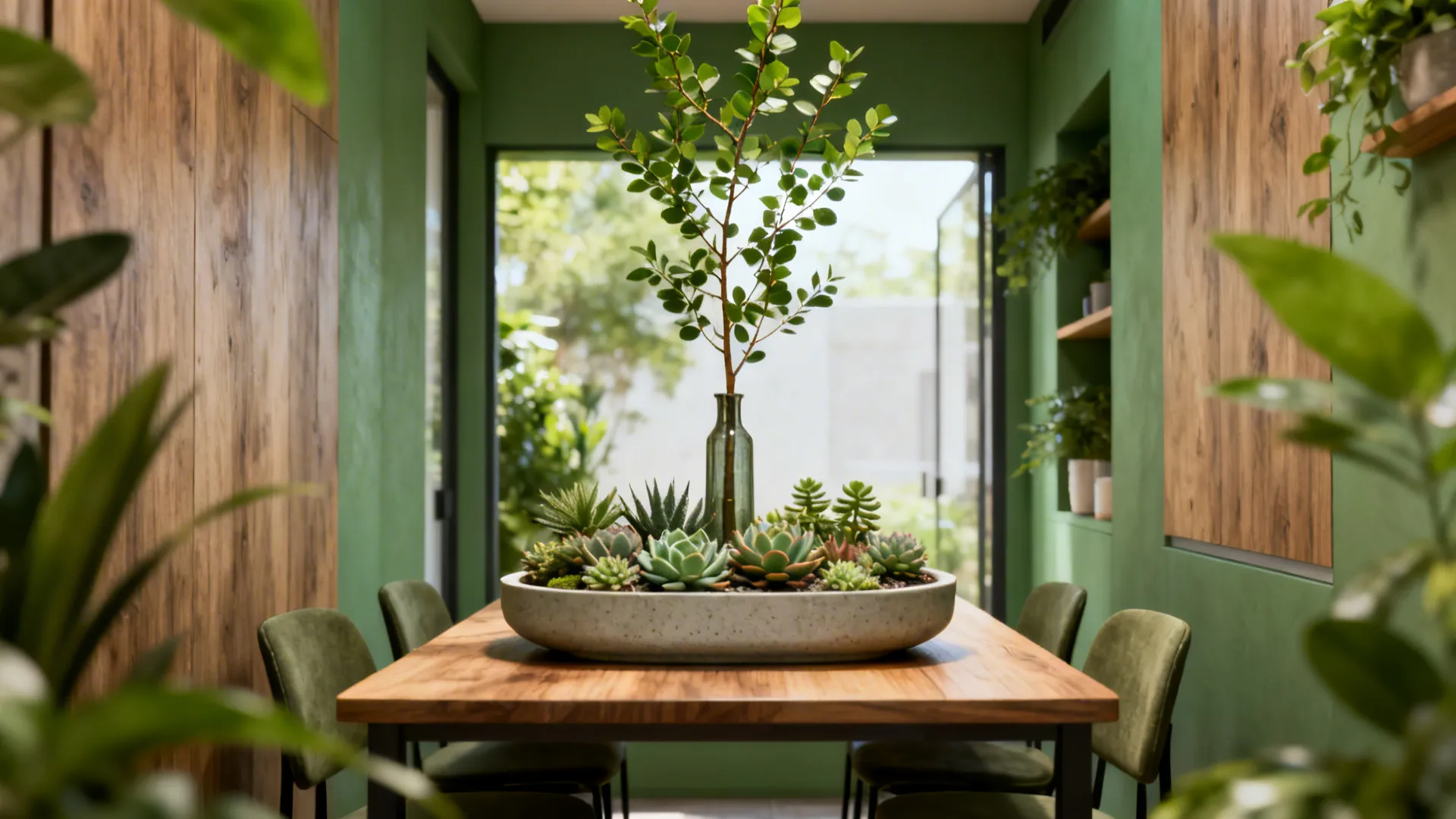 Dining table with a low planter of succulents and a tall foliaged branch in a slim vase for height contrast.