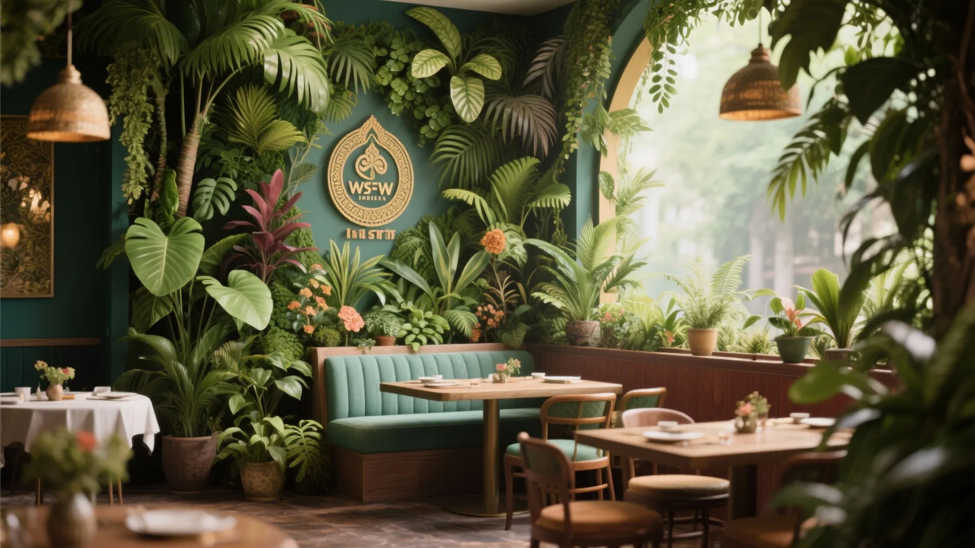 Tropical greenery wall in Indian restaurant corner
