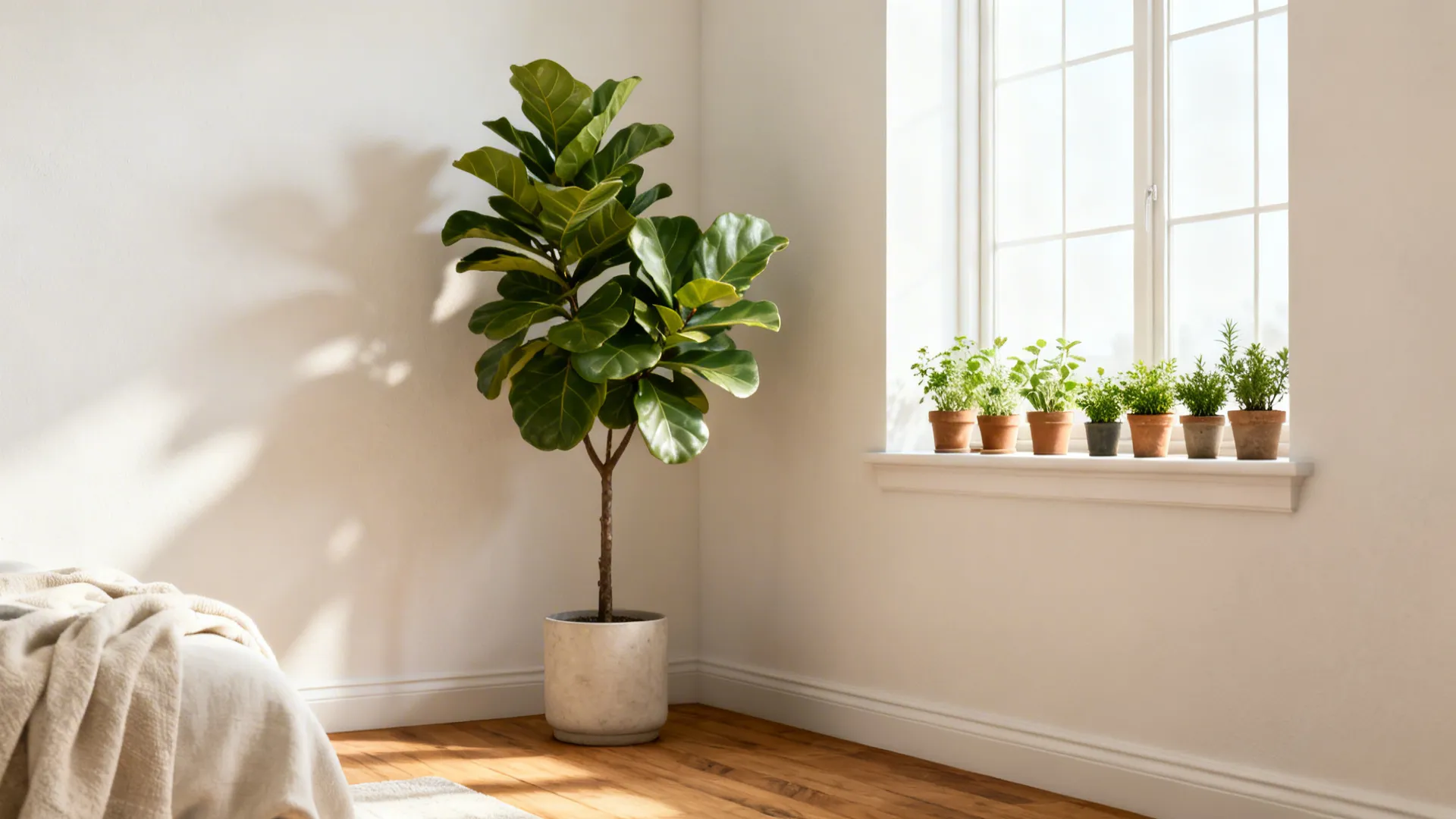Cream living room corner with a large fiddle-leaf fig and small potted herbs on a sill