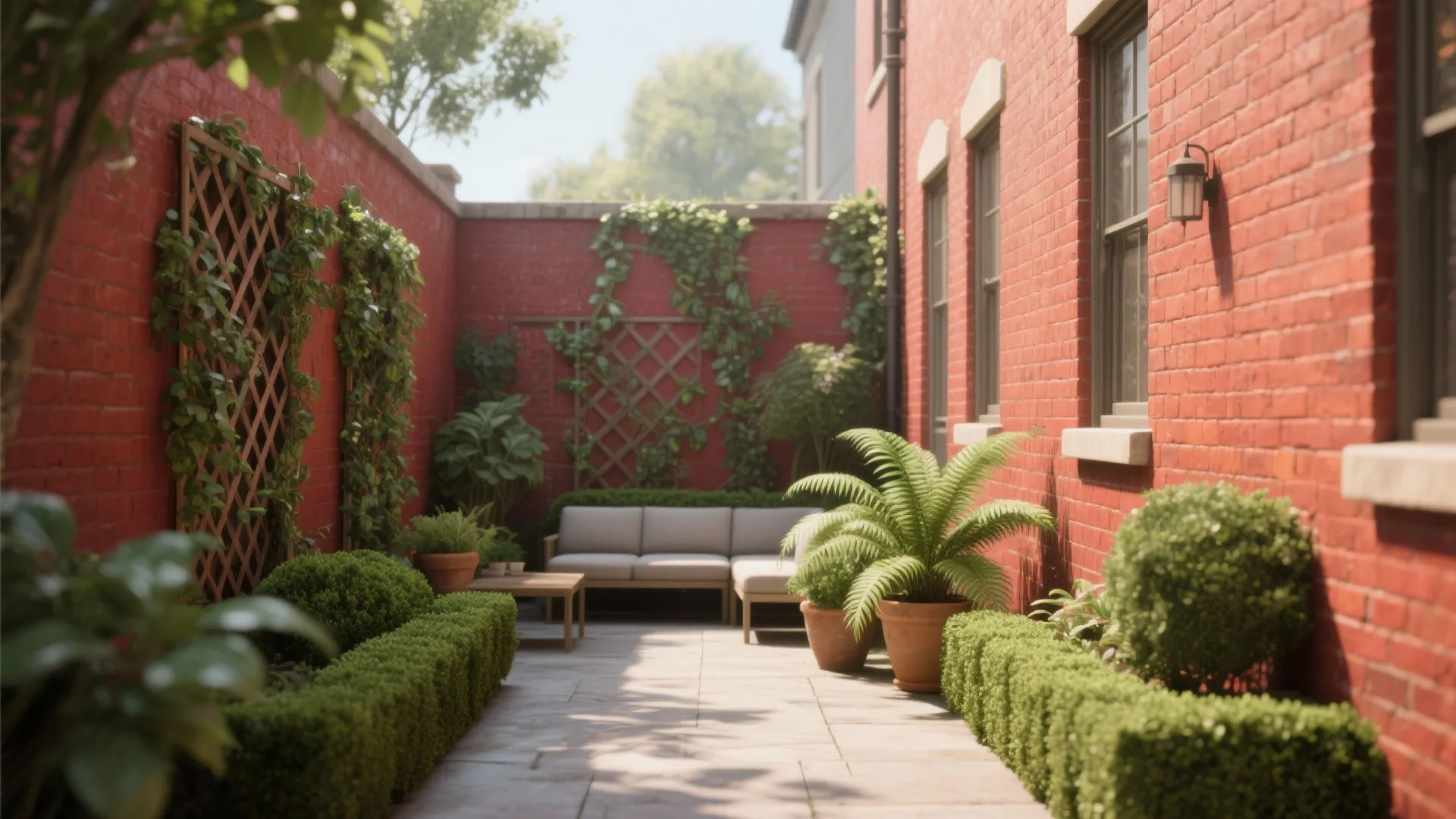 Small courtyard with grey sofa wooden table green plants climbing vines and red brick walls