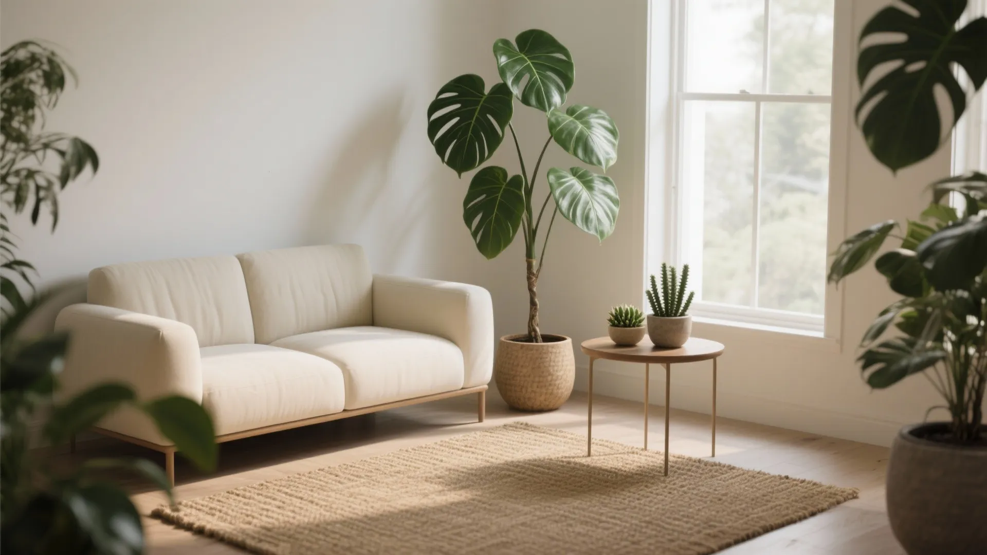 Minimalist living room featuring cream sofa indoor green plants small wood side table and floor rug