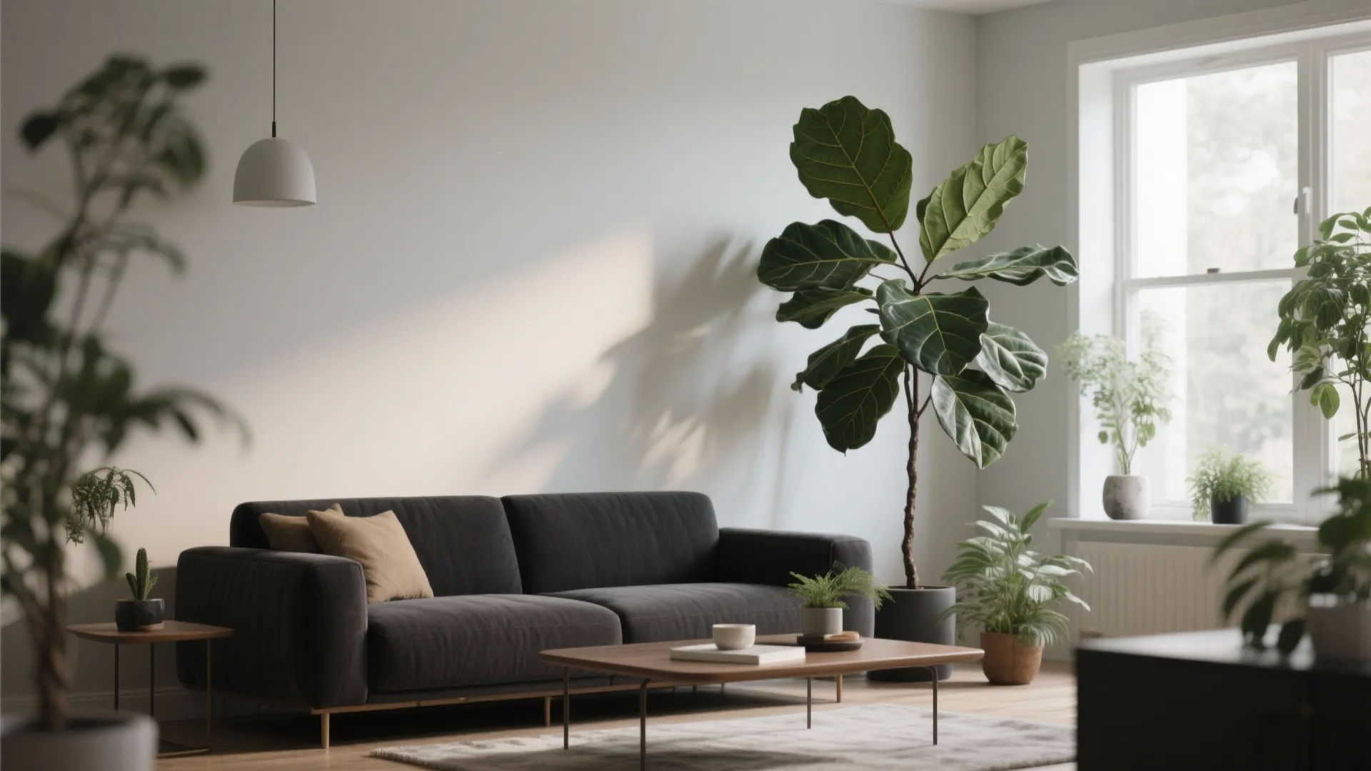 Modern living room with dark grey sofa, wooden coffee table, large green plants, and window