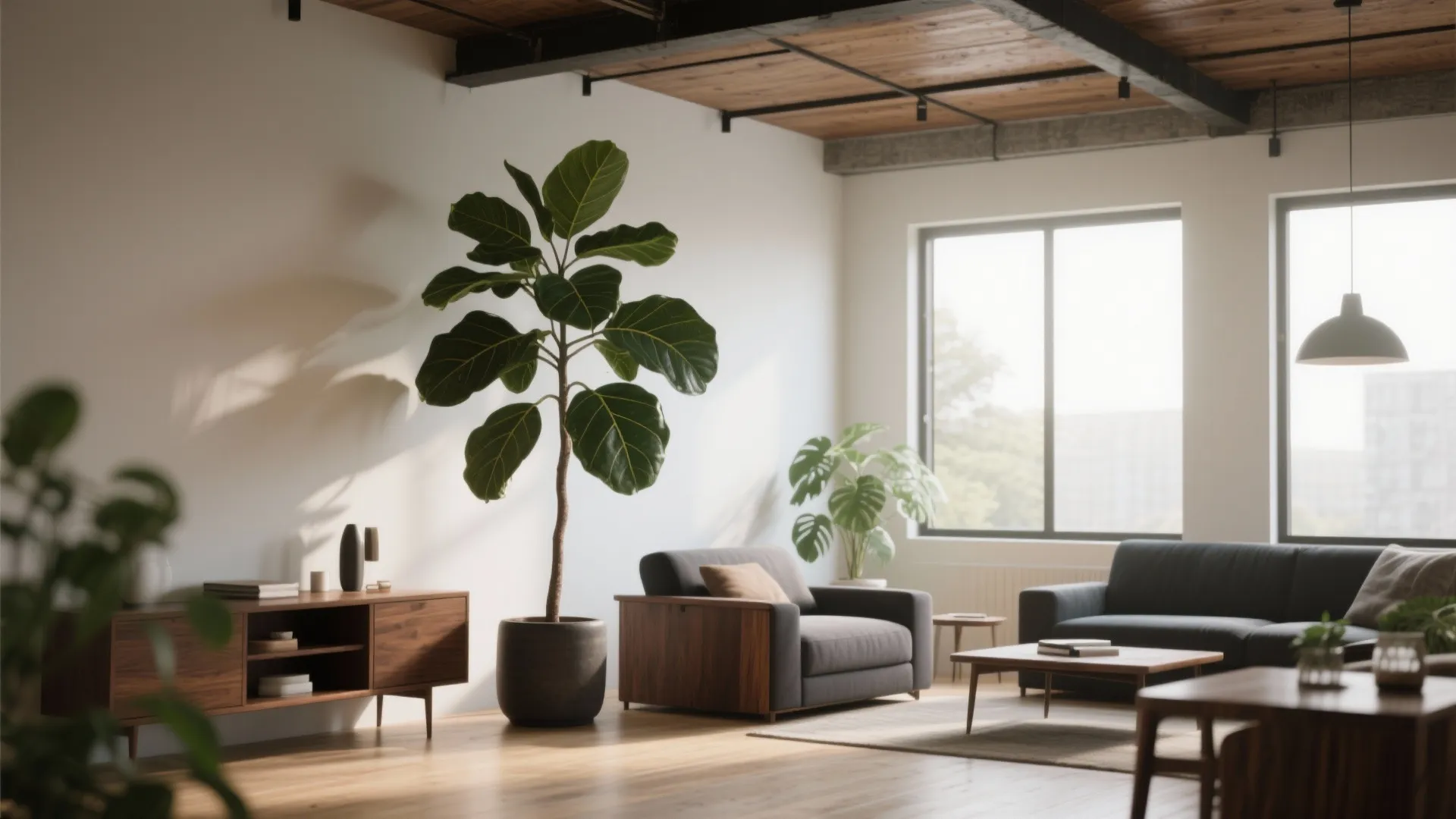 Modern living room featuring large indoor plants grey sofa wooden cabinet and natural window light