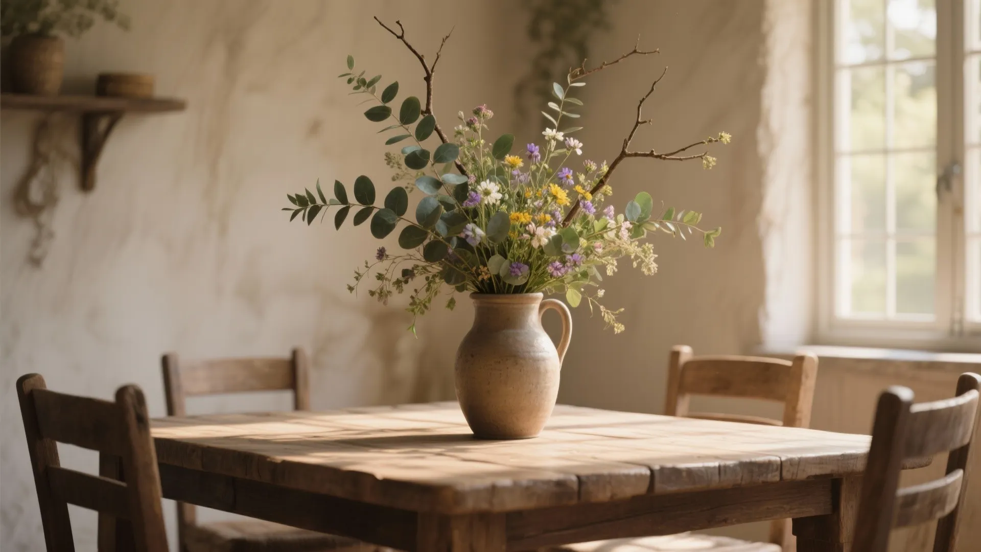 Rustic dining table with vase of eucalyptus and wildflowers