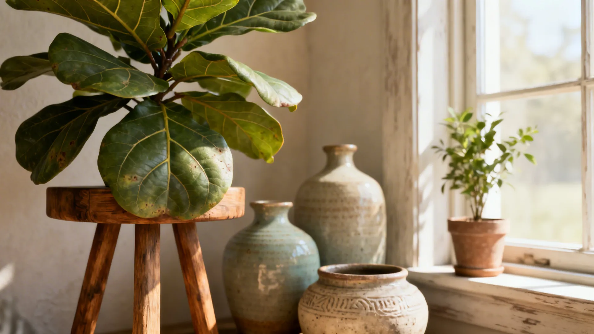 Elevated fiddle leaf fig and simple ceramic vases styled in a rustic modern farmhouse living room.