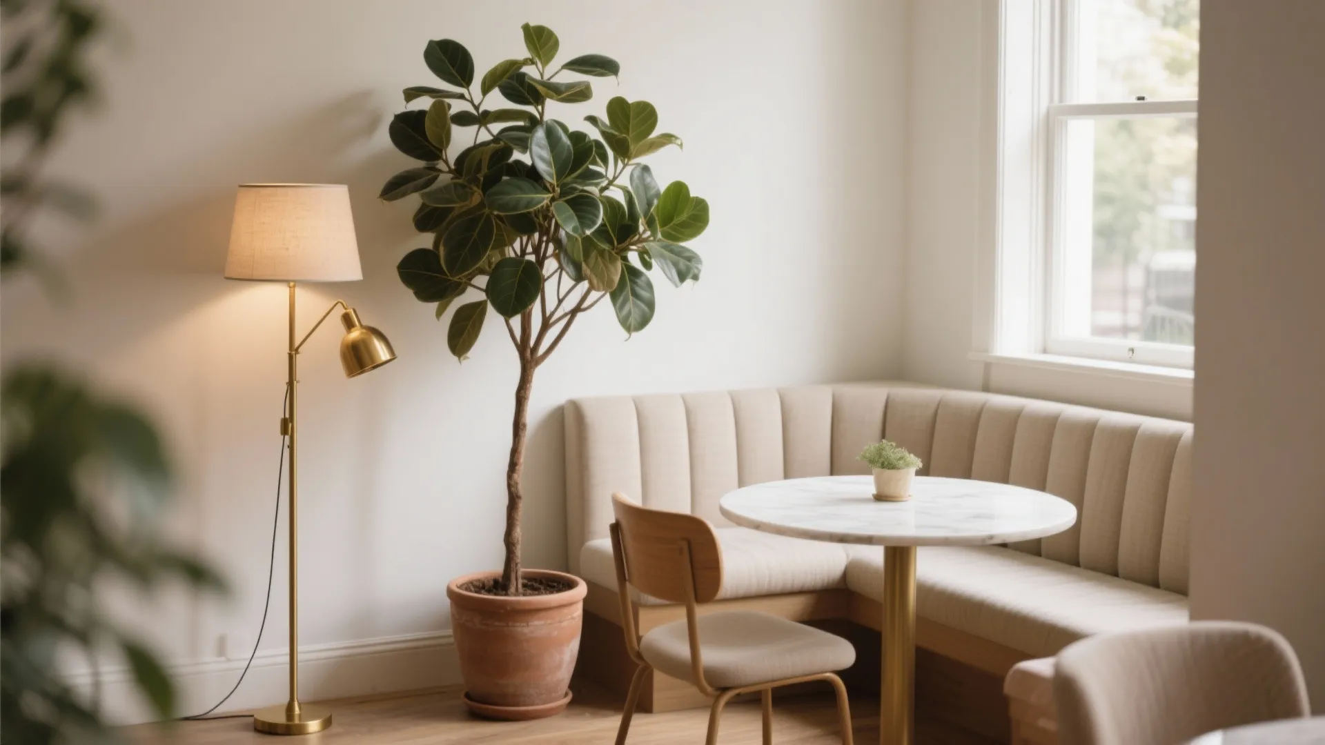 Cozy dining corner with marble table beige bench tall potted plant and gold floor lamp