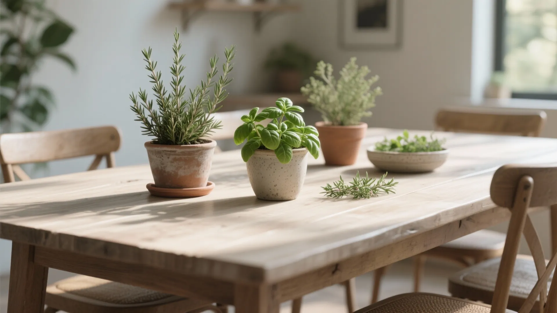 Wooden dining table with fresh green herbs in small pots and sunny kitchen window background