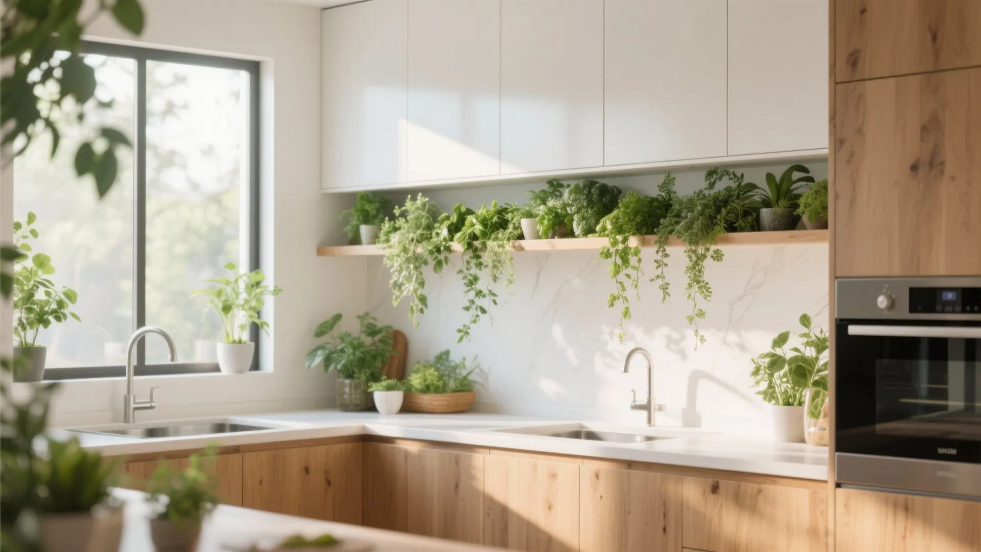 Bright modern kitchen with wood cabinets white upper units two sinks and green plants displayed