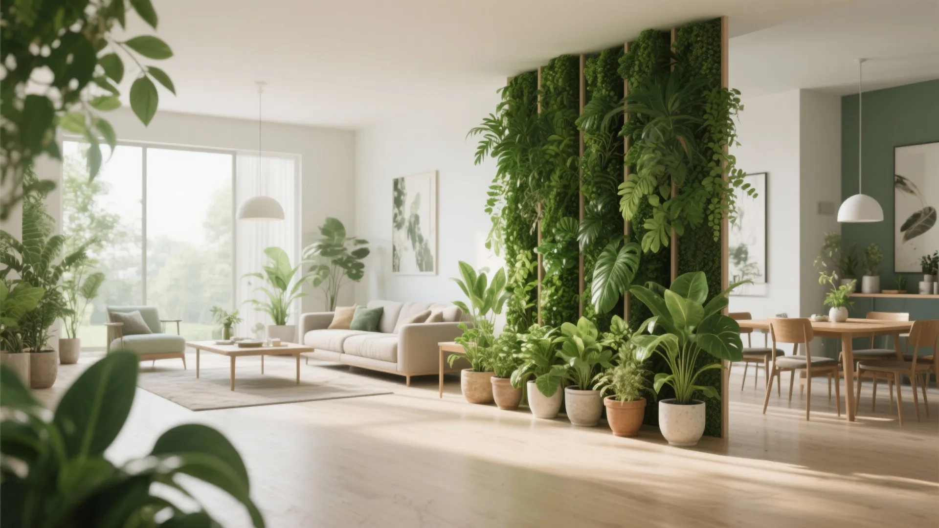 Modern bright living room featuring a vertical green plant wall used as a room divider