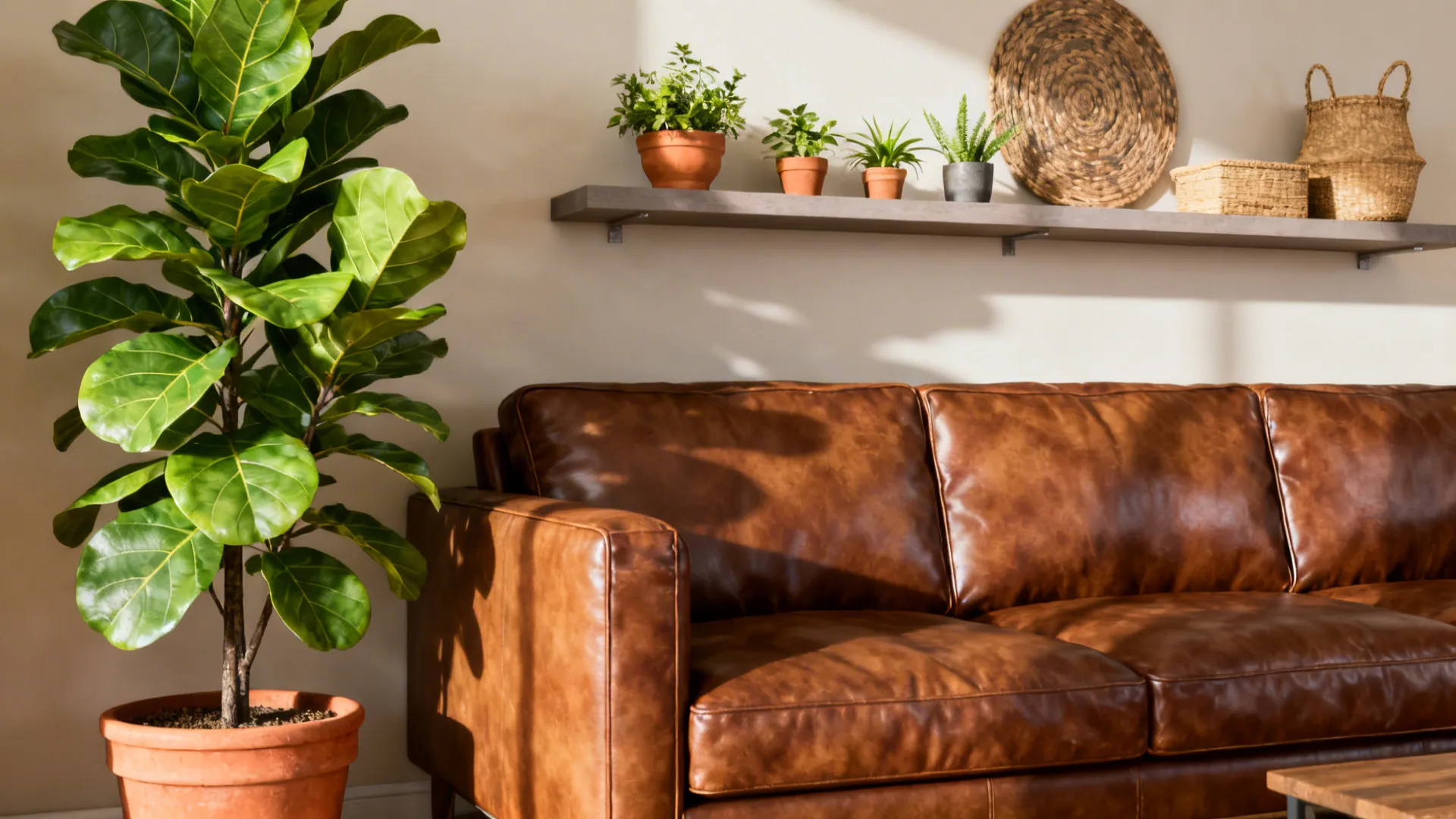 Brown leather sofa with tall fiddle-leaf fig and terracotta planters