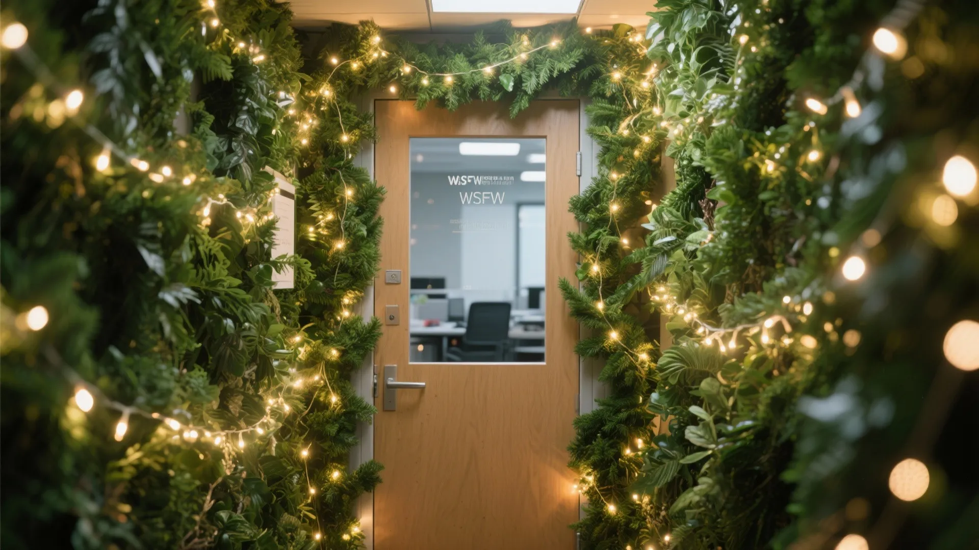 Office door covered with lush garlands, ivy, and fairy lights