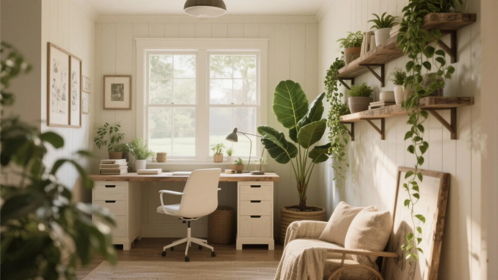 Bright home office with white desk chair many green plants wall shelves sofa and natural light