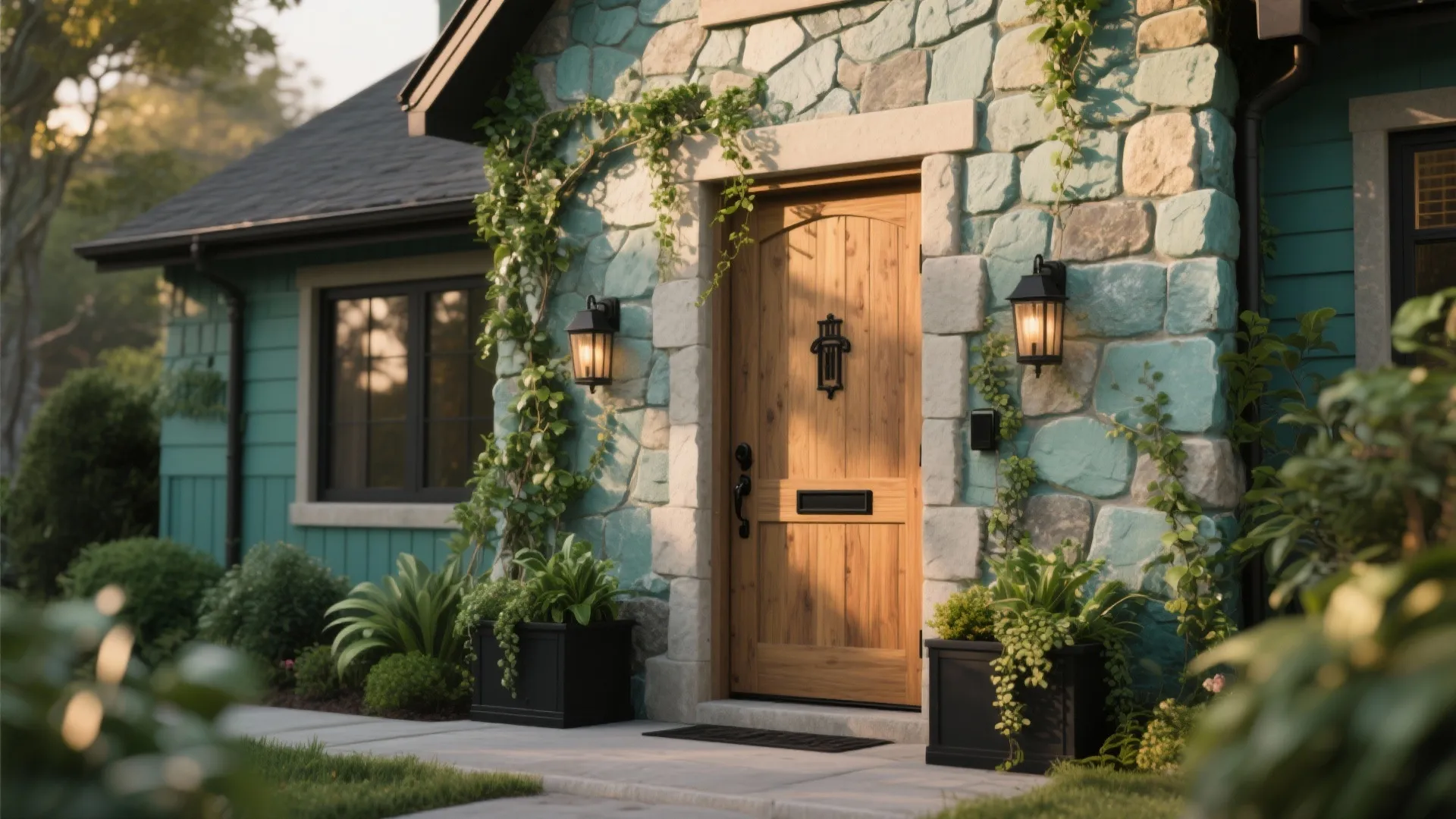 Front entrance of a stone house with wooden door black wall lights and green plants