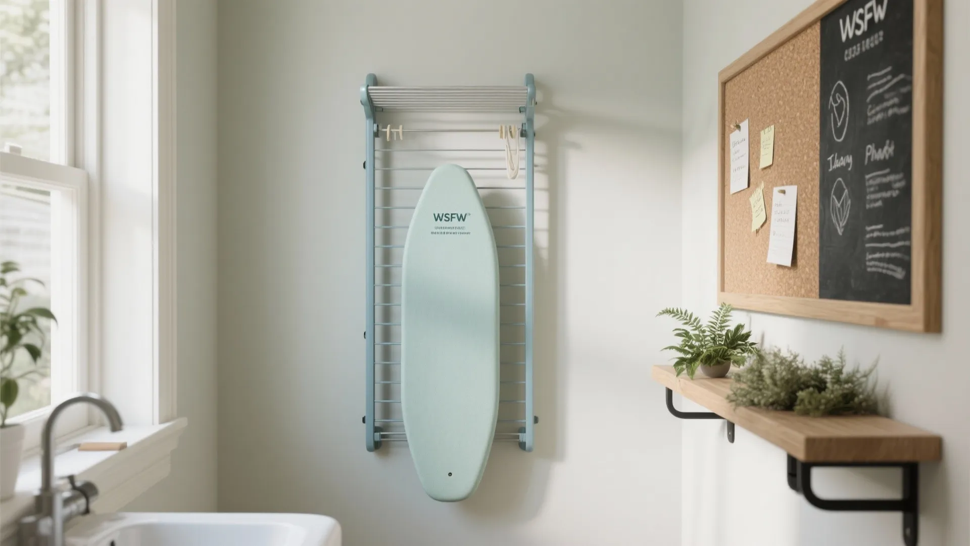 Laundry room wall with hanging ironing board metal drying rack wooden shelf and a cork board
