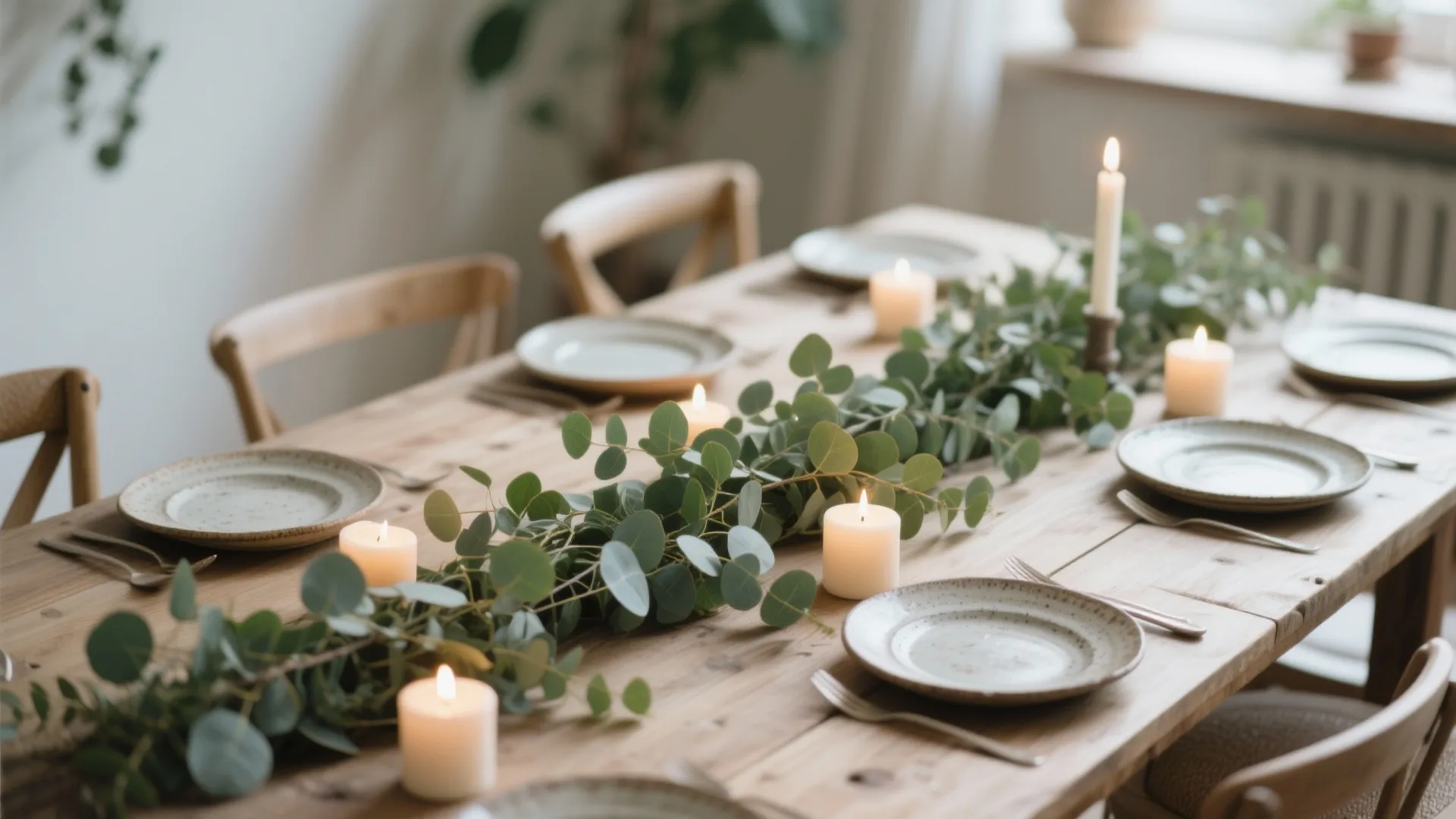 Wooden dining table decorated with green leaf garland and small white candles in glass jars