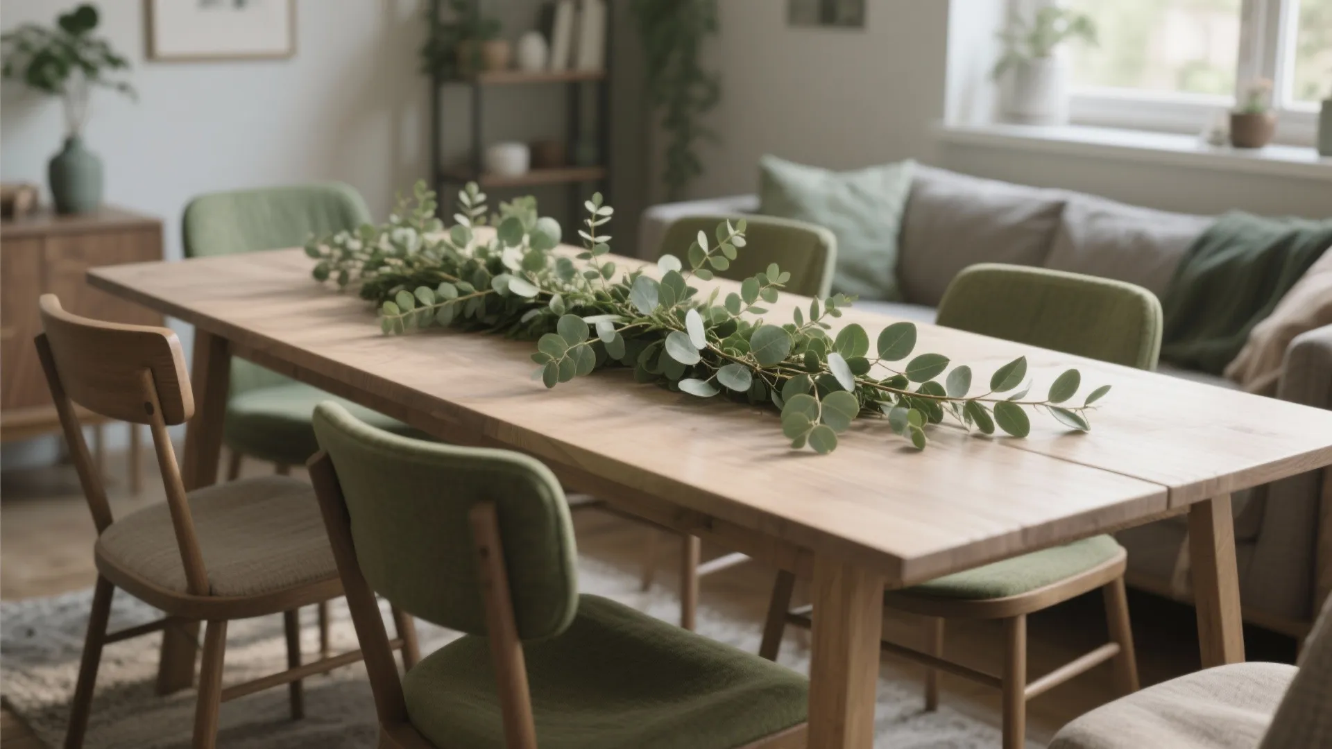 Modern wooden dining table with green leaf garland centerpiece and matching green fabric dining chairs