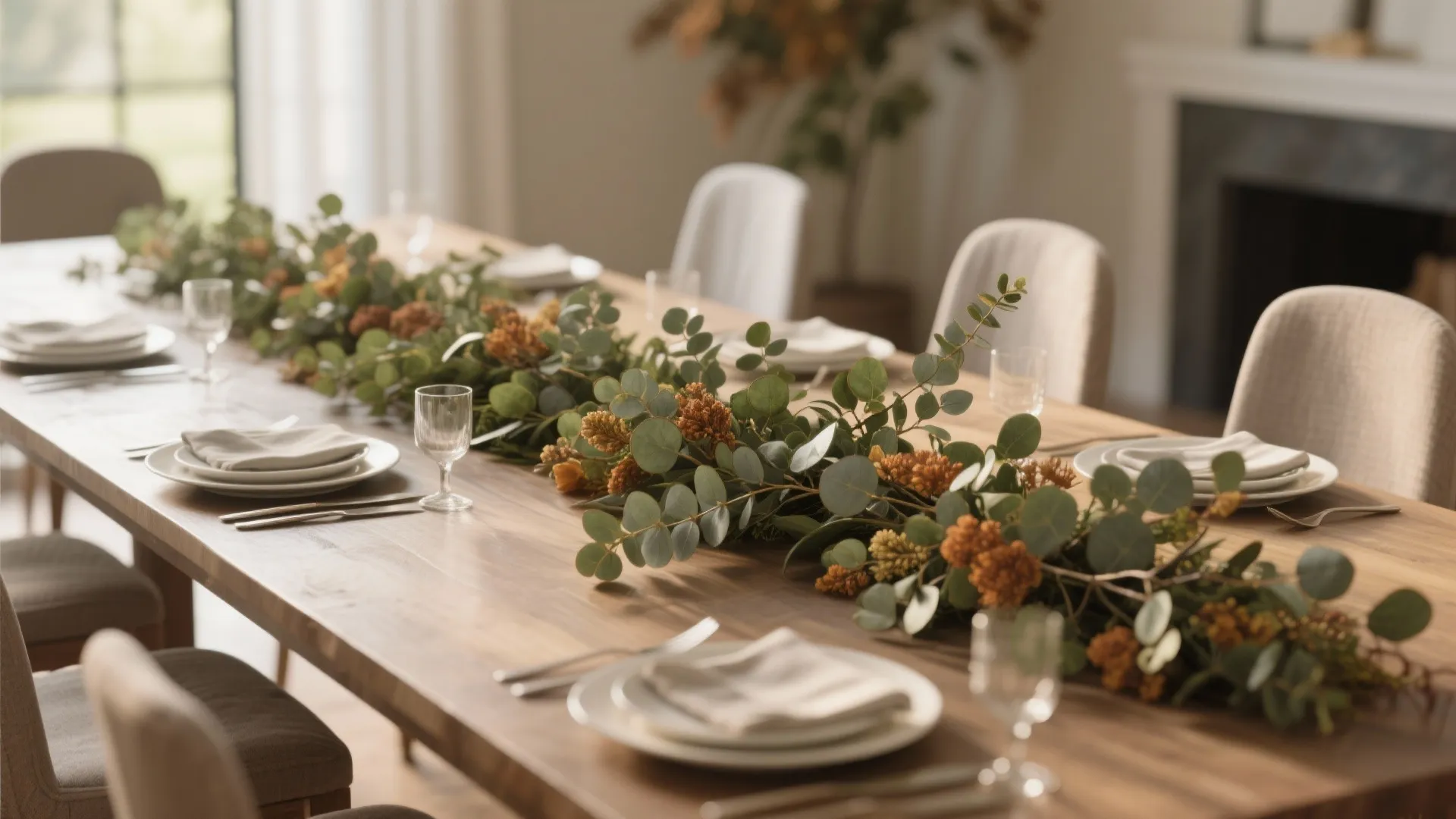 Long wooden dining table decorated with a green leaf garland and orange flowers for a dinner